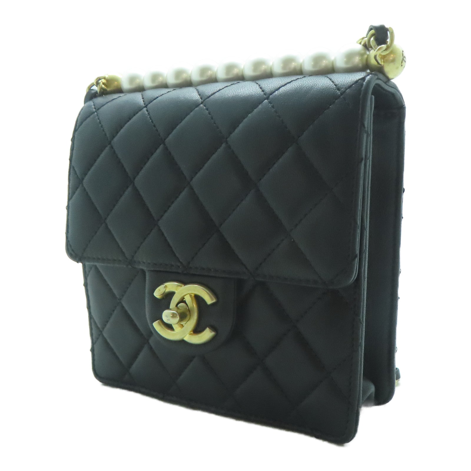 CHANEL 菱格羊皮皮革Chic Pearls Flap金扣鏈帶肩背袋黑色
