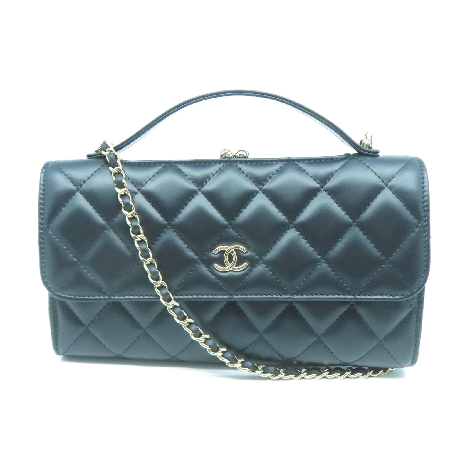 CHANEL 【激減優惠】菱格羊皮皮革Chain Shoulder金扣鏈帶手挽肩背兩用袋黑色