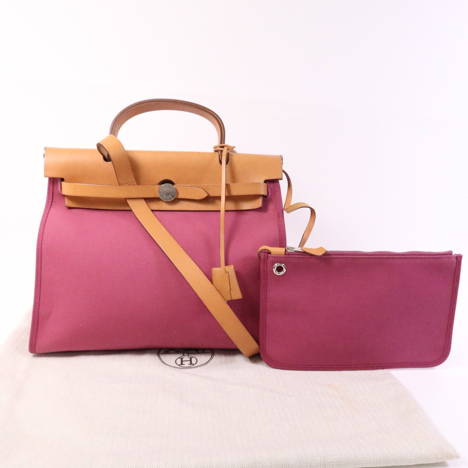 HERMES 帆布Herbag PM銀扣手挽肩背兩用袋Rose Purple