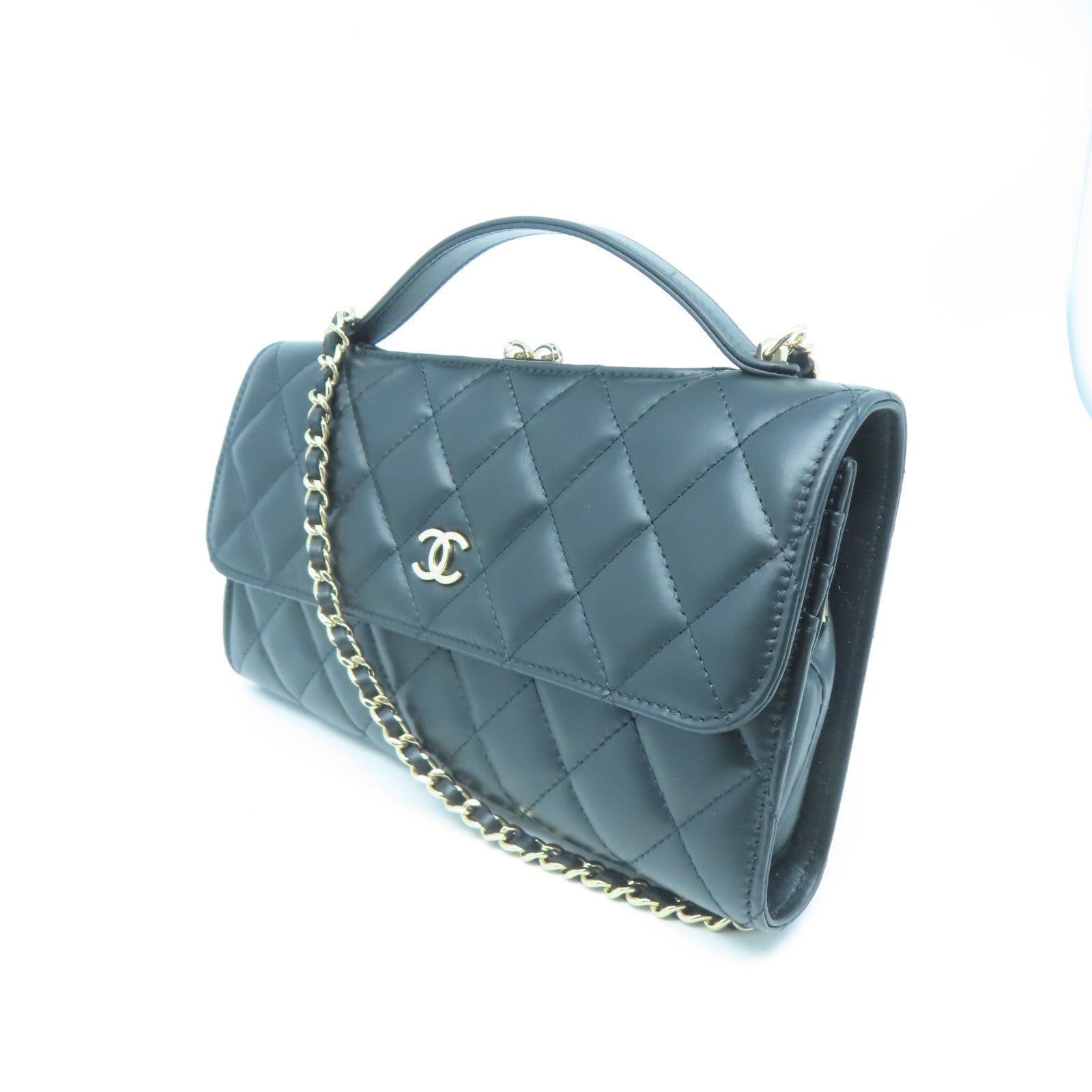 CHANEL 【激減優惠】菱格羊皮皮革Chain Shoulder金扣鏈帶手挽肩背兩用袋黑色
