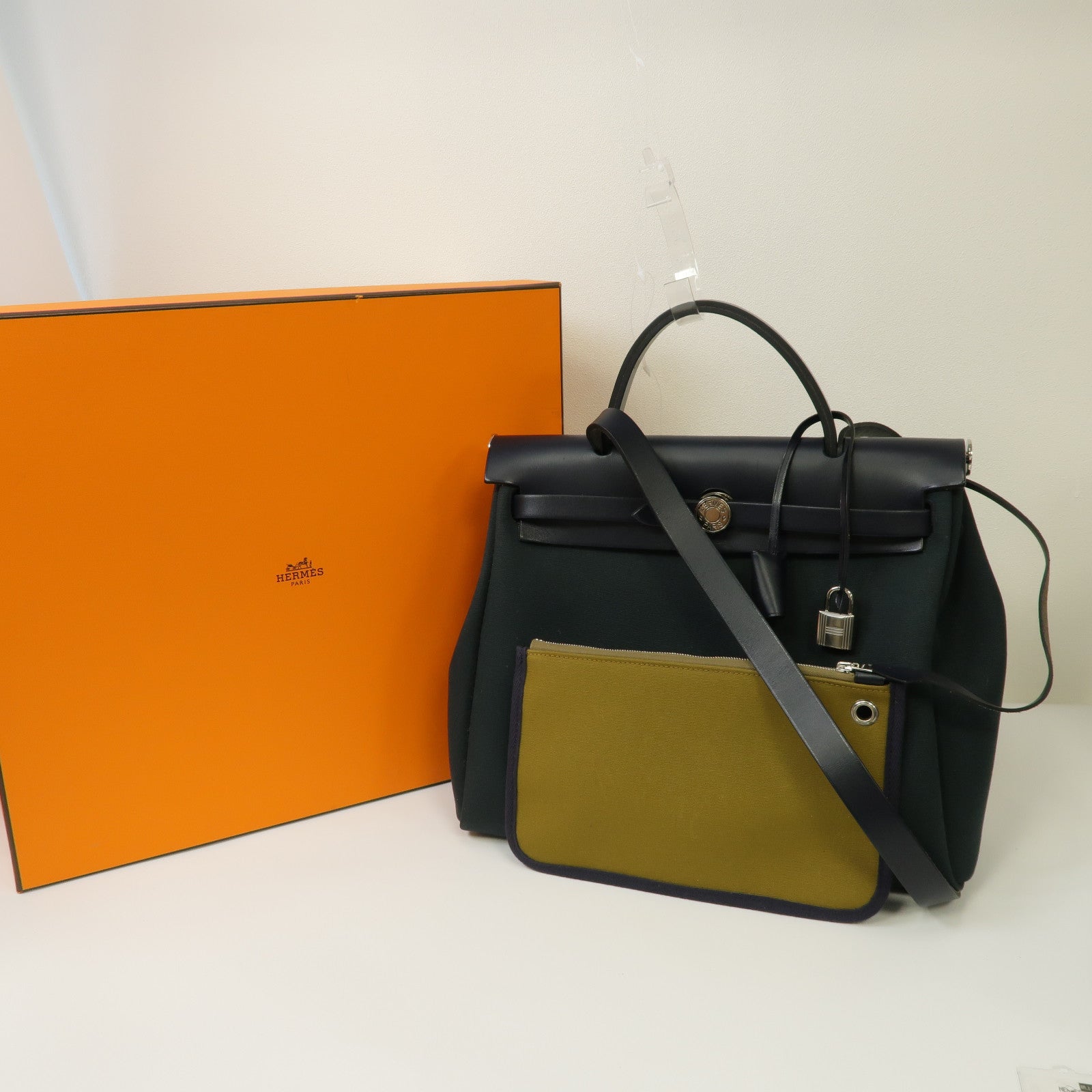 HERMES 【激減優惠】帆布Herbag PM銀扣手挽肩背兩用袋綠色