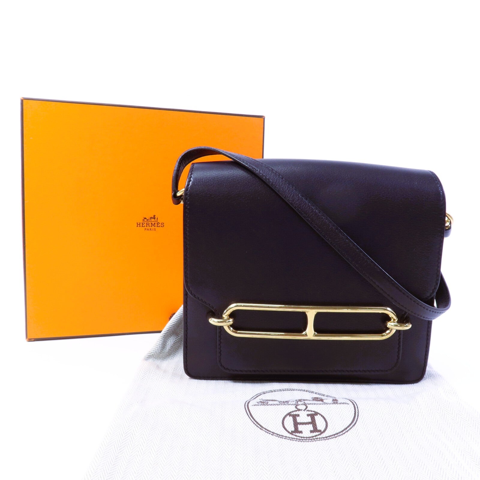 HERMES Evergrain皮革Roulis Mini金扣肩背袋Bleu Indigo