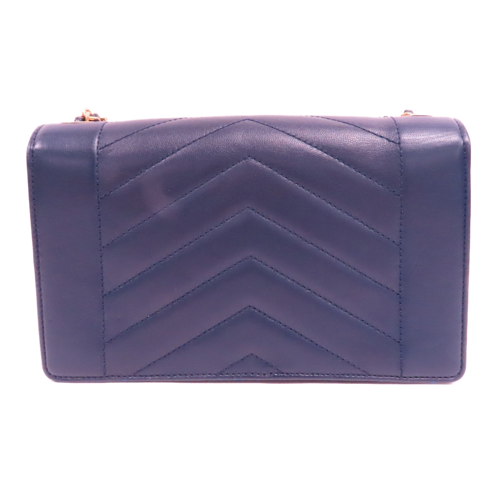 CHANEL 皮革Chevron Flap Bag金扣鏈帶肩背袋深藍色