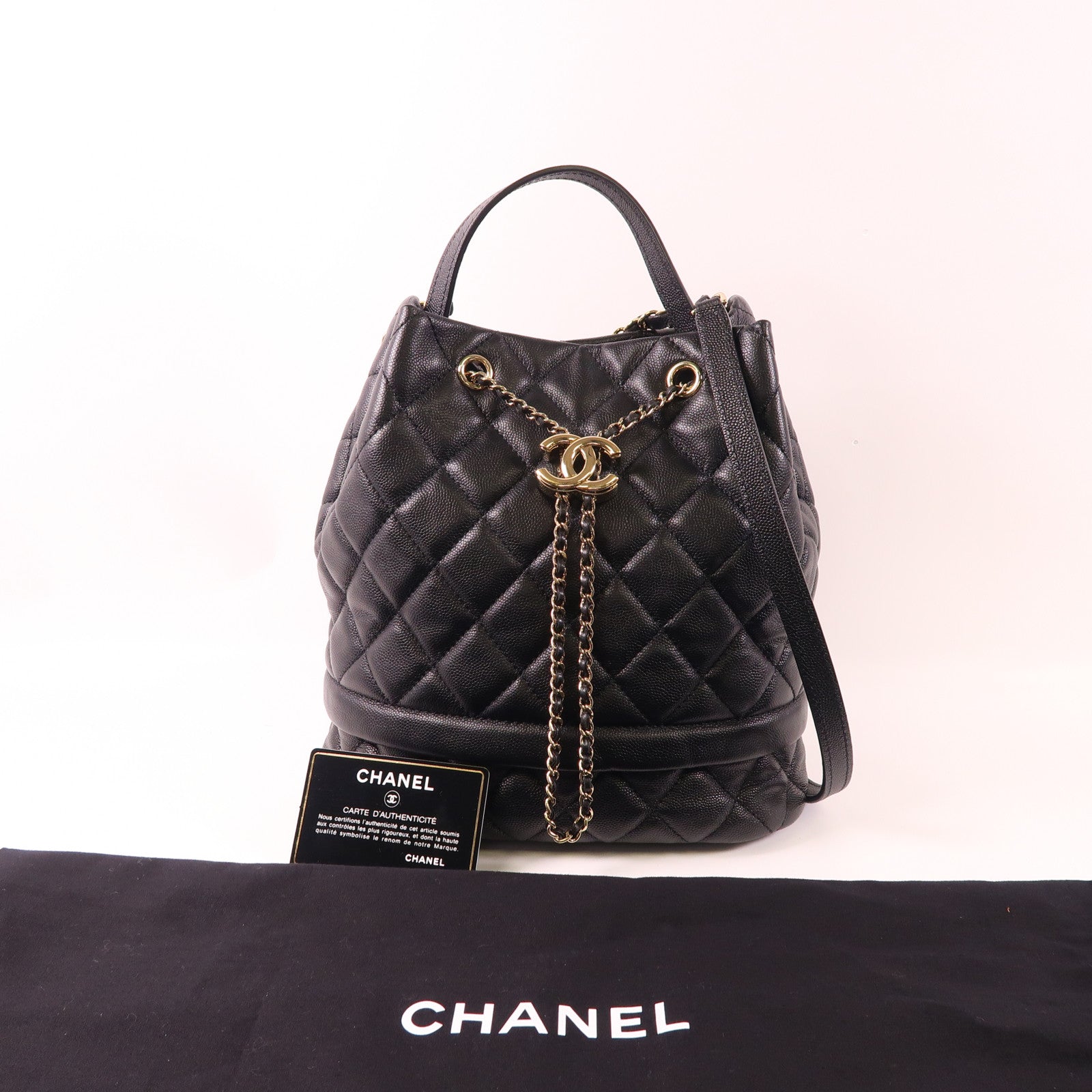 CHANEL CC GHW 2 Way Shoulder Bucket Bag Calfskin Leather Black