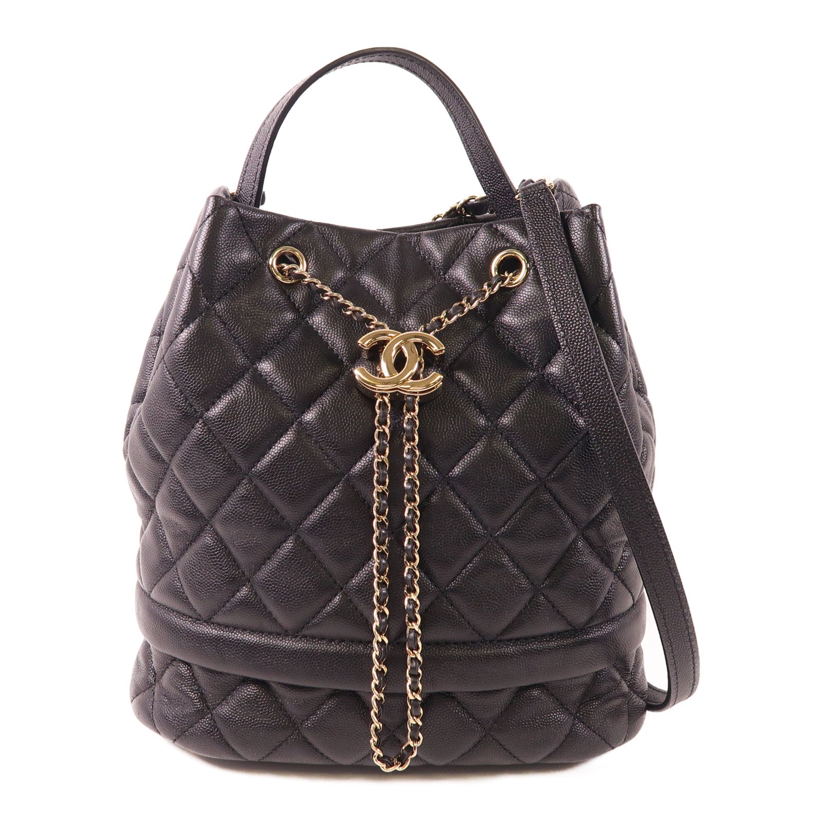 CHANEL CC GHW 2 Way Shoulder Bucket Bag Calfskin Leather Black