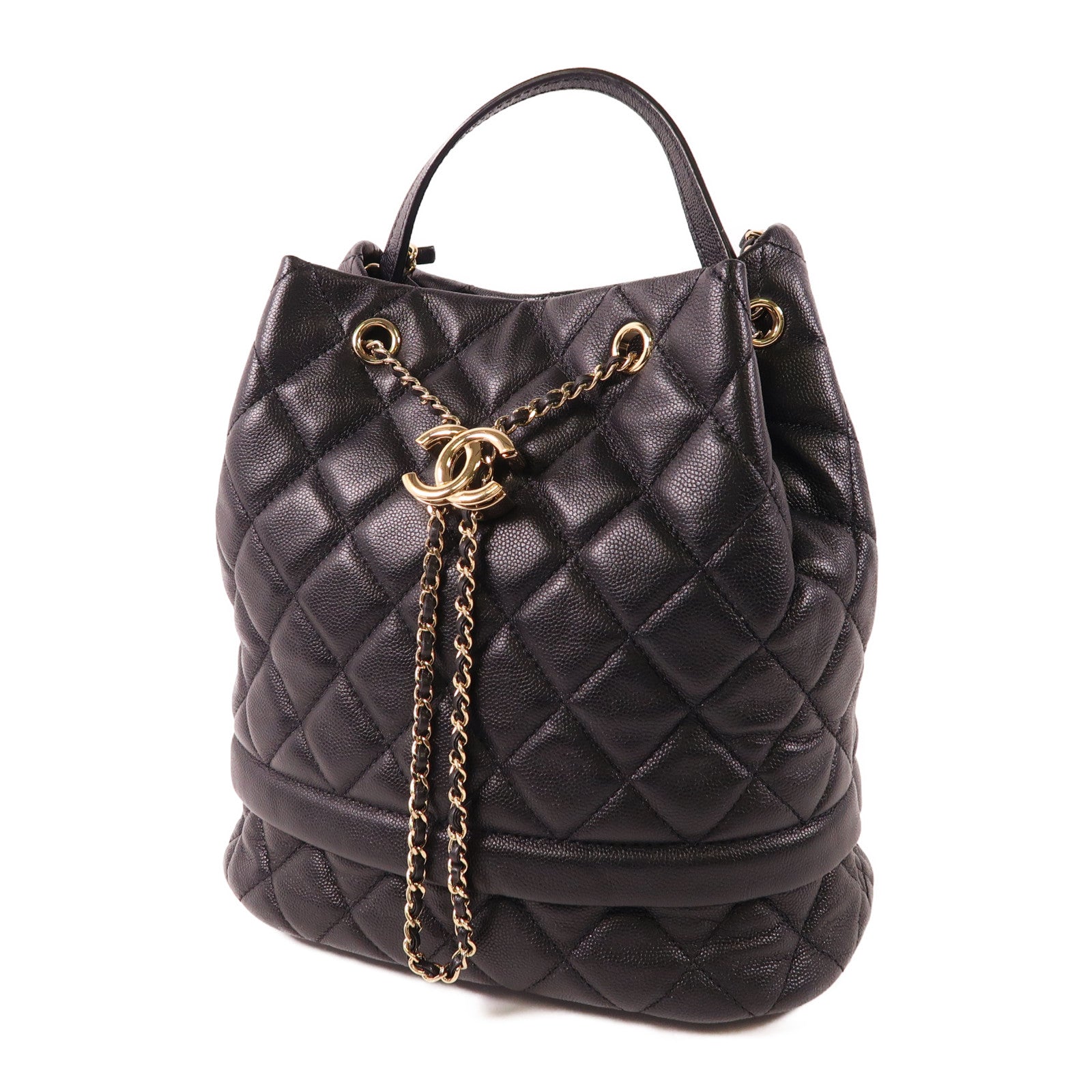 CHANEL CC GHW 2 Way Shoulder Bucket Bag Calfskin Leather Black