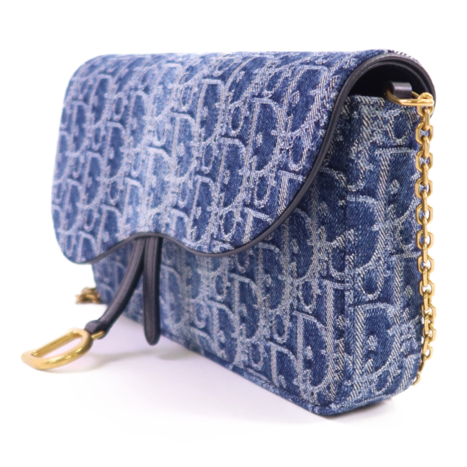 Dior Obriqur牛仔布Medium Saddle Pouch With Chain金扣鏈帶肩背袋