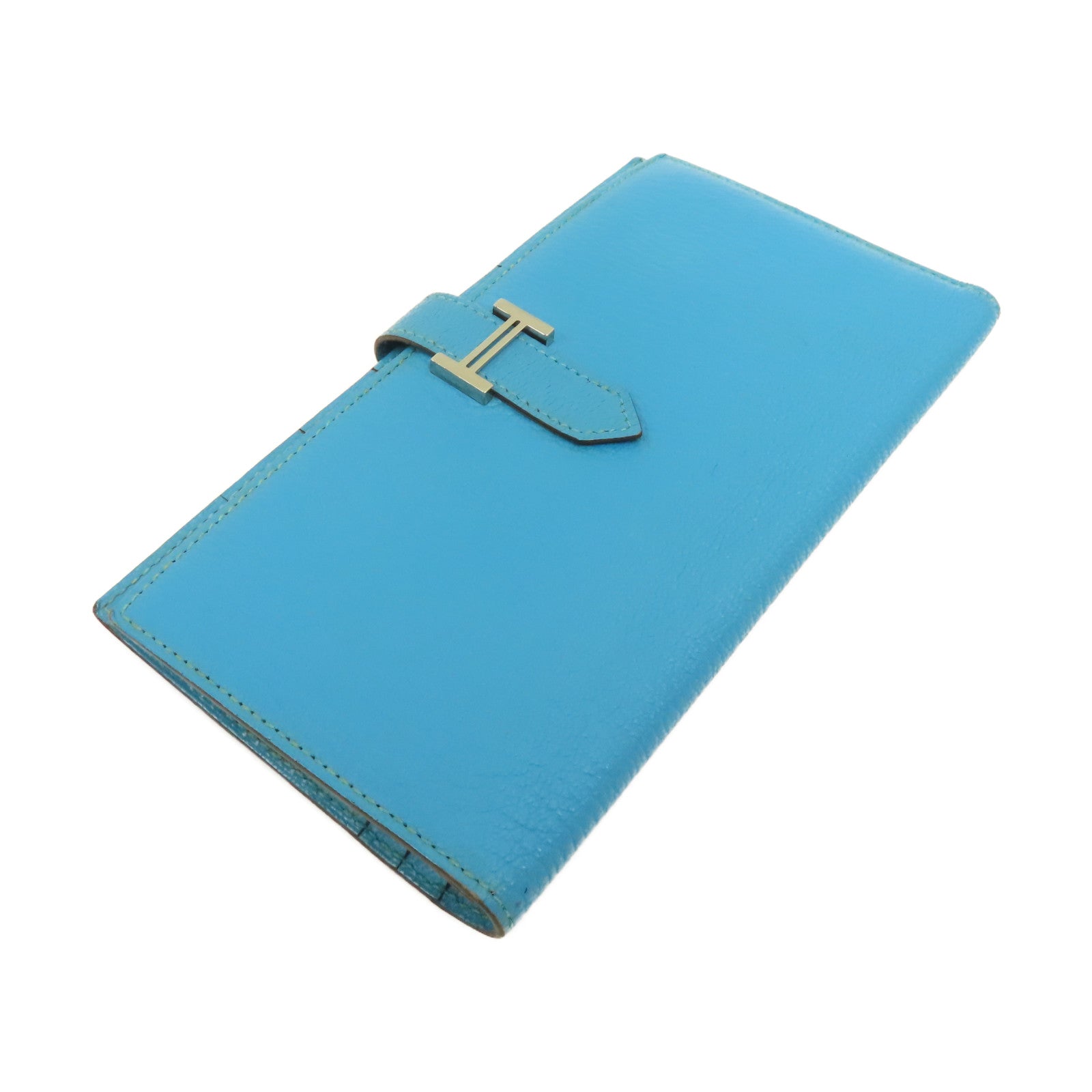 HERMES Chevre皮革Bearn Long Wallet銀扣長錢包Blue Azteque水藍色