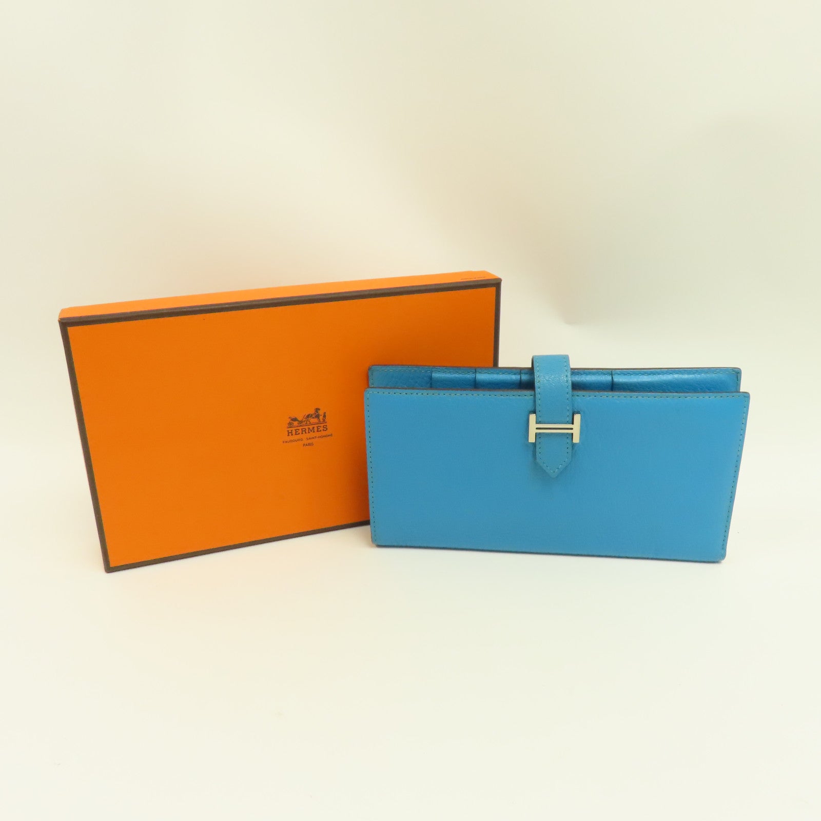 HERMES Chevre皮革Bearn Long Wallet銀扣長錢包Blue Azteque水藍色