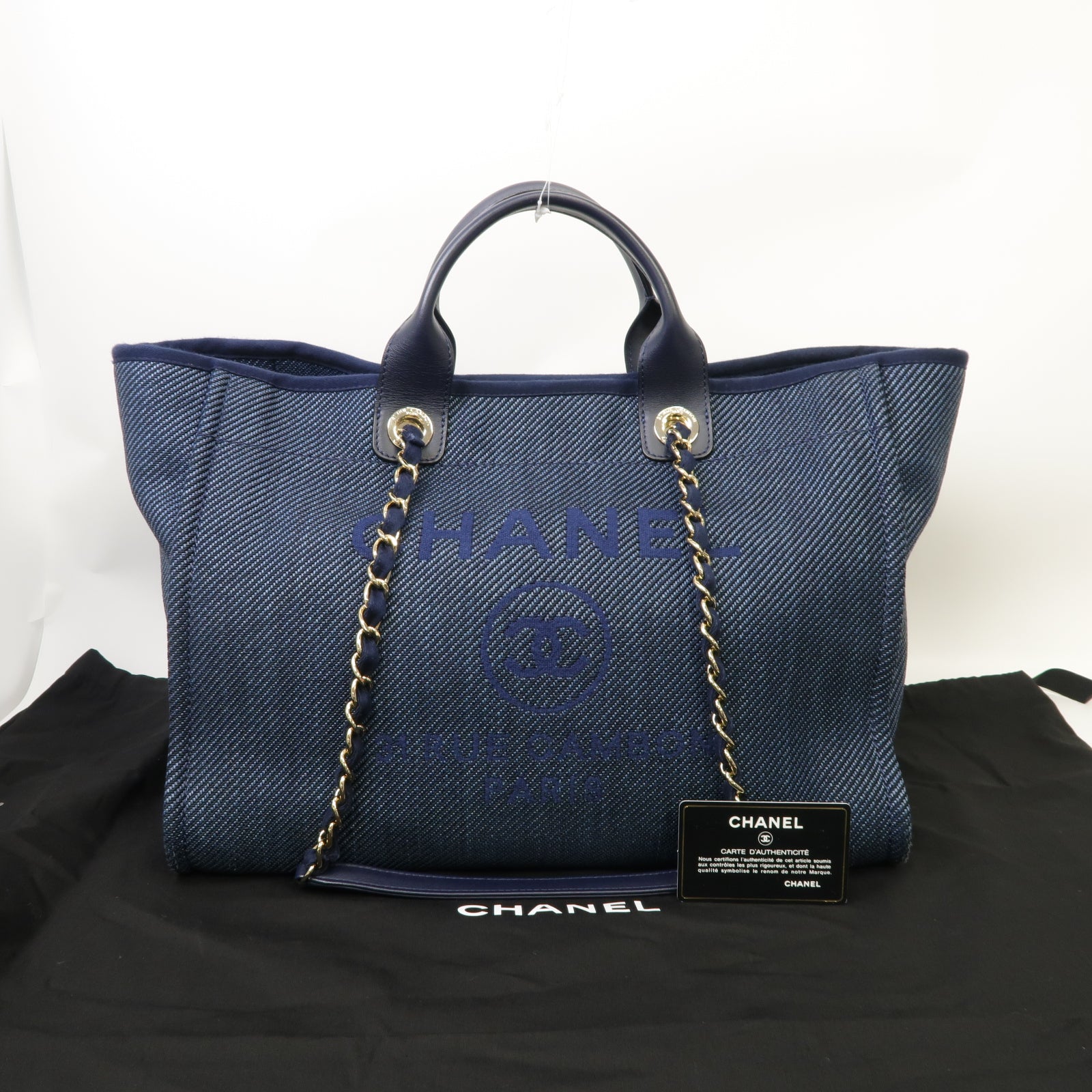 CHANEL 帆布Deauville Tote Large金扣手挽袋藍色