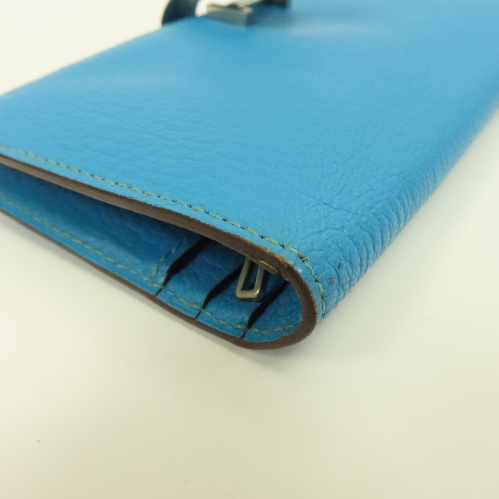 HERMES Chevre皮革Bearn Long Wallet銀扣長錢包Blue Azteque水藍色