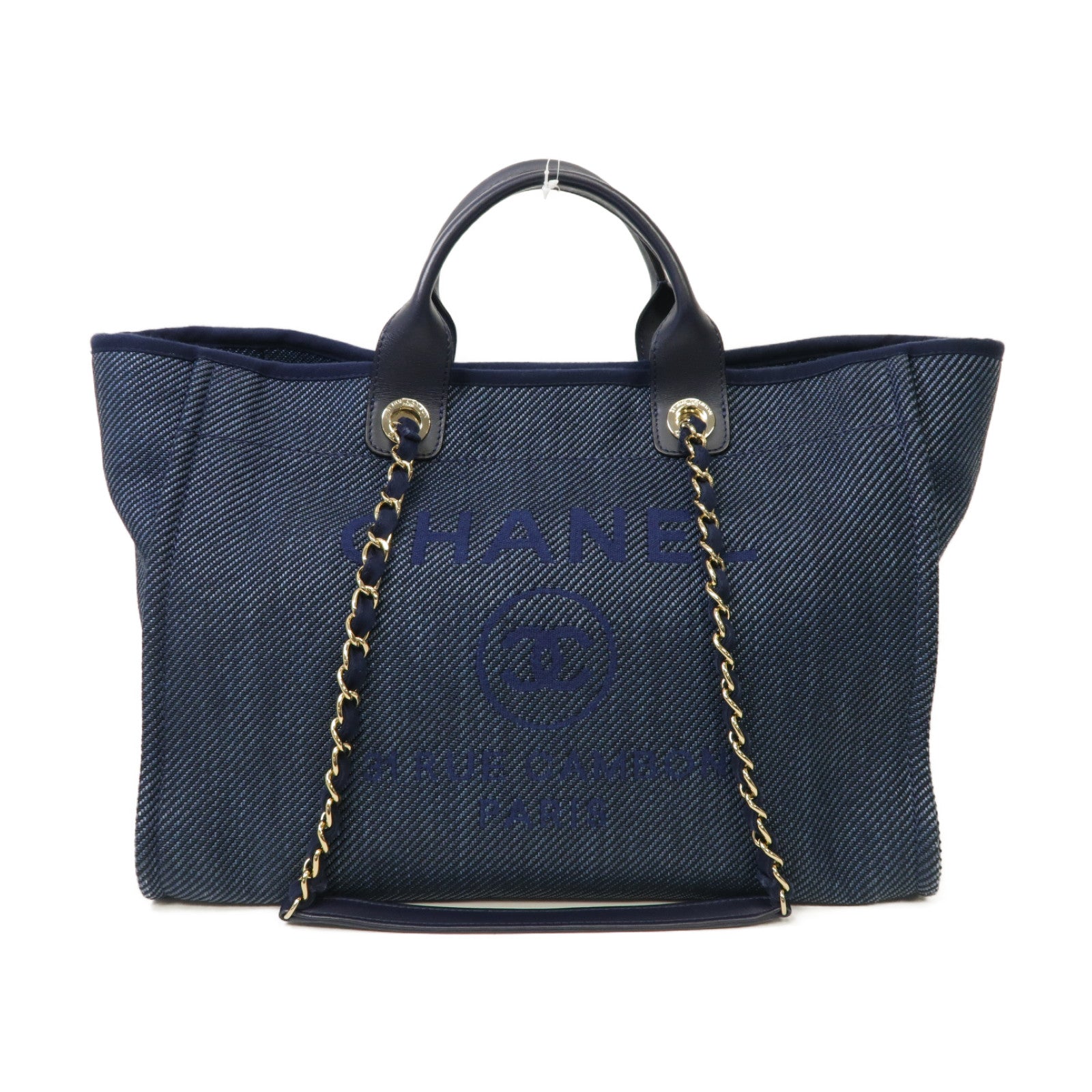 CHANEL 帆布Deauville Tote Large金扣手挽袋藍色