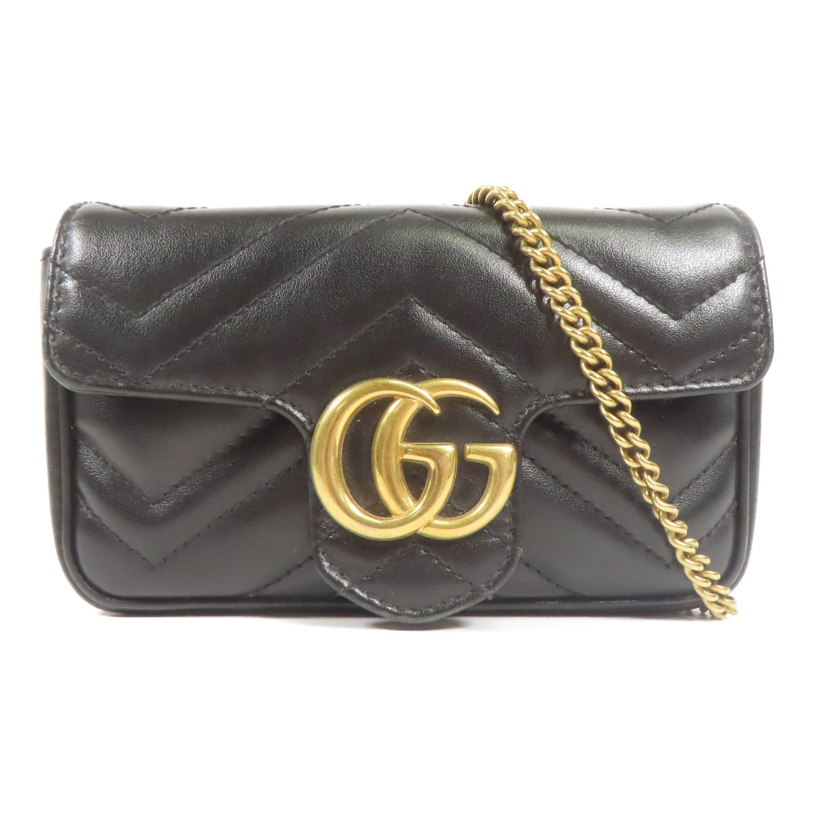 GUCCI 牛皮皮革GG Marmont Super Mini金扣鏈帶肩背袋
