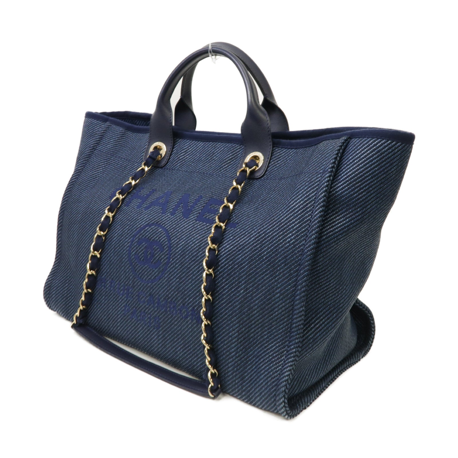 CHANEL 帆布Deauville Tote Large金扣手挽袋藍色