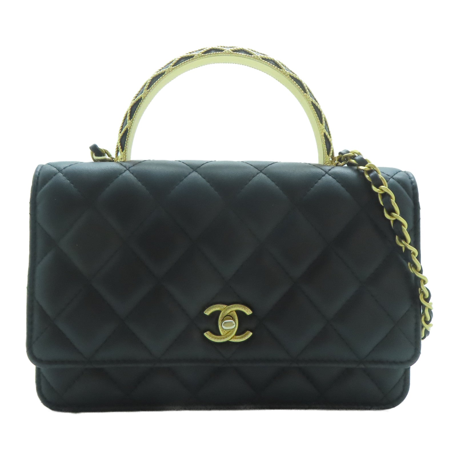 CHANEL 【激減優惠】菱格羊皮皮革Top Handle Wallet On Chain金扣鏈帶手挽肩背兩用袋黑色