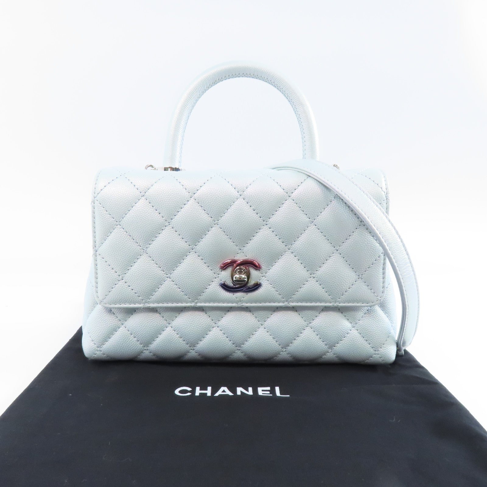 CHANEL 菱格Caviar皮革Coco Handle銀扣手挽肩背兩用袋淺藍色