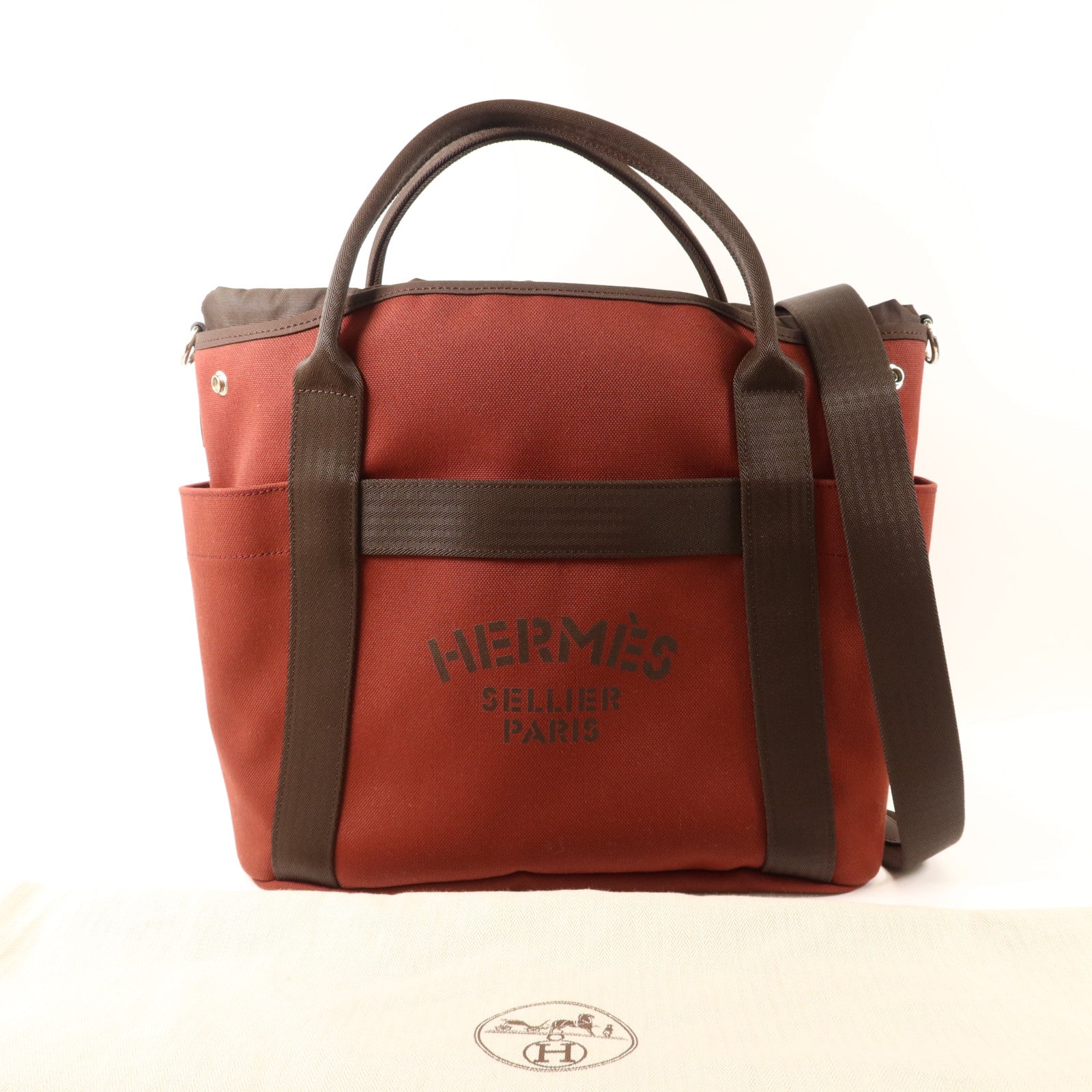 HERMES 【激減優惠】帆布Grooming Bag銀扣手挽肩背兩用袋Rouge H/Chocolate