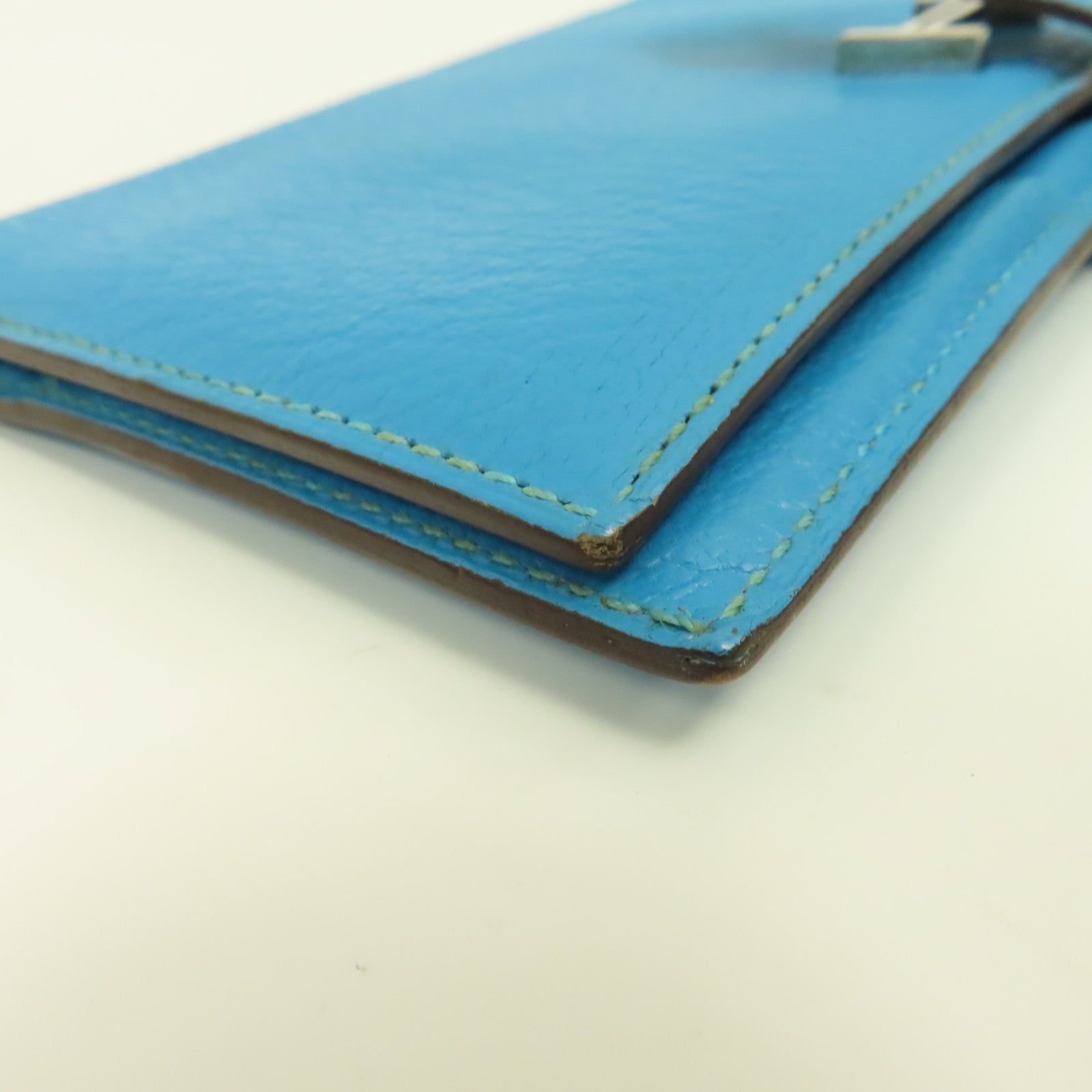 HERMES Chevre皮革Bearn Long Wallet銀扣長錢包Blue Azteque水藍色