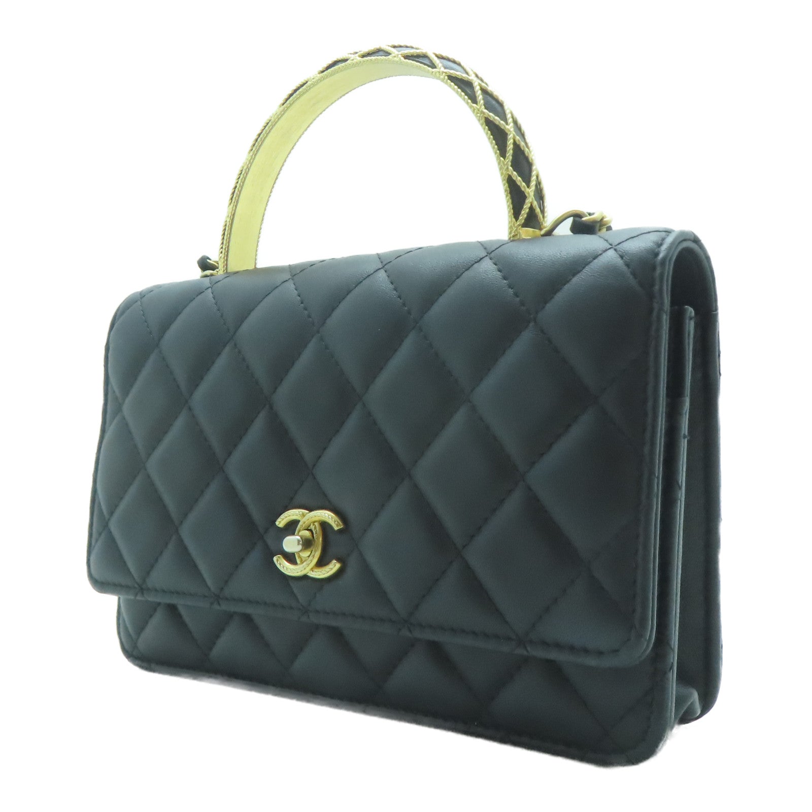 CHANEL 【激減優惠】菱格羊皮皮革Top Handle Wallet On Chain金扣鏈帶手挽肩背兩用袋黑色