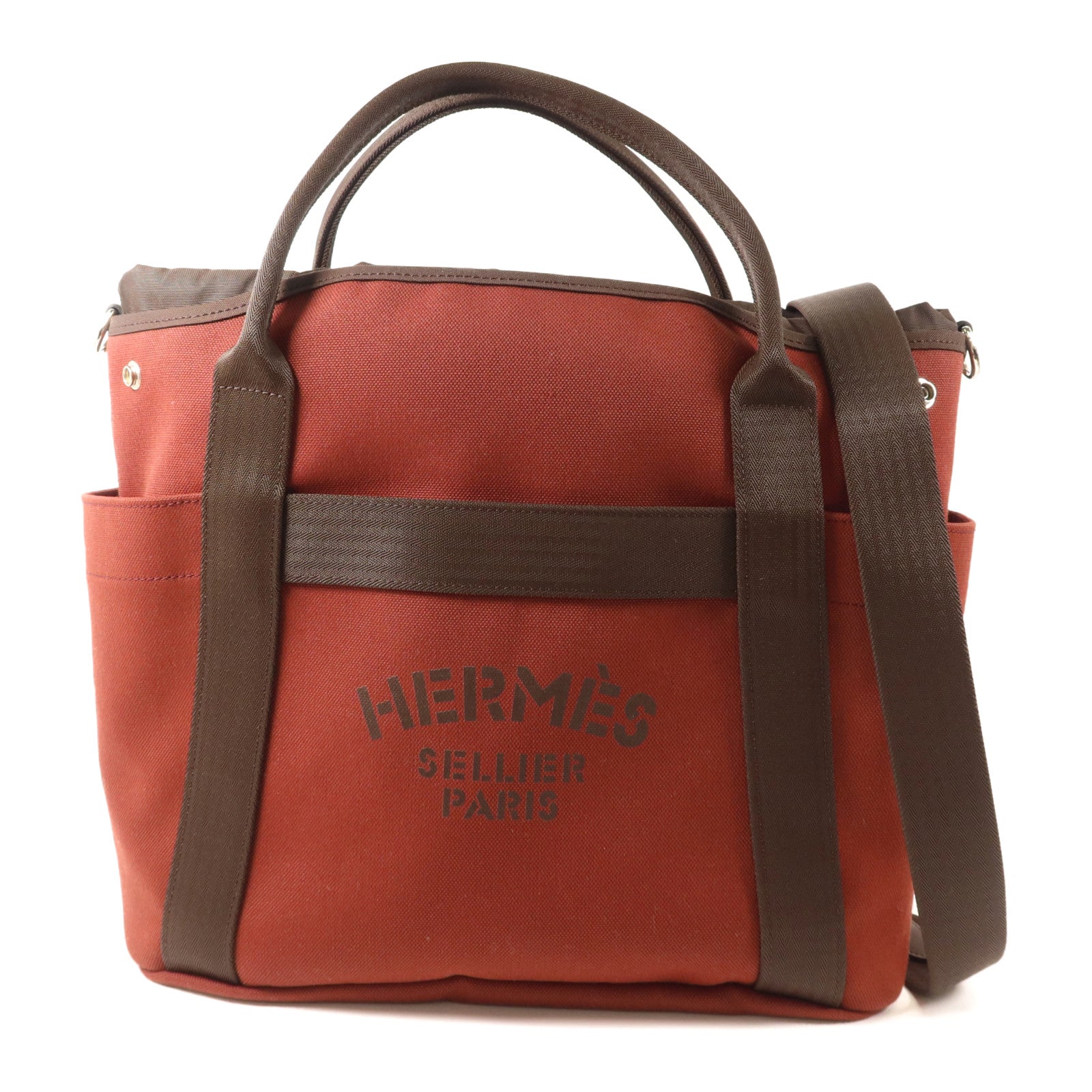 HERMES 【激減優惠】帆布Grooming Bag銀扣手挽肩背兩用袋Rouge H/Chocolate