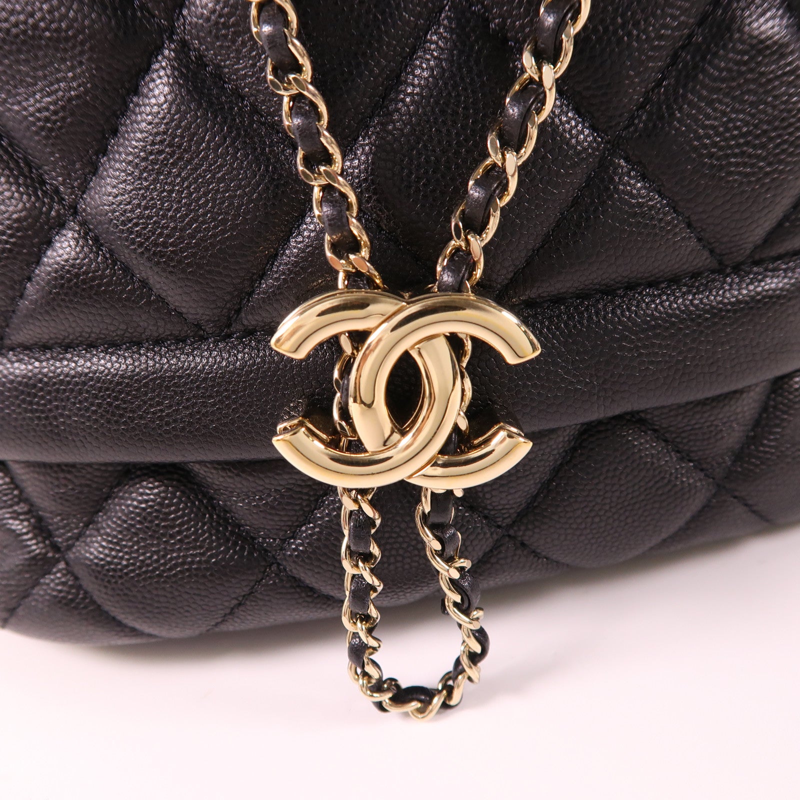 CHANEL CC GHW 2 Way Shoulder Bucket Bag Calfskin Leather Black