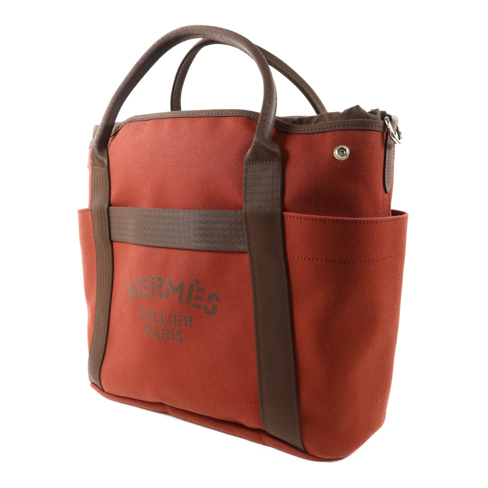 HERMES 【激減優惠】帆布Grooming Bag銀扣手挽肩背兩用袋Rouge H/Chocolate