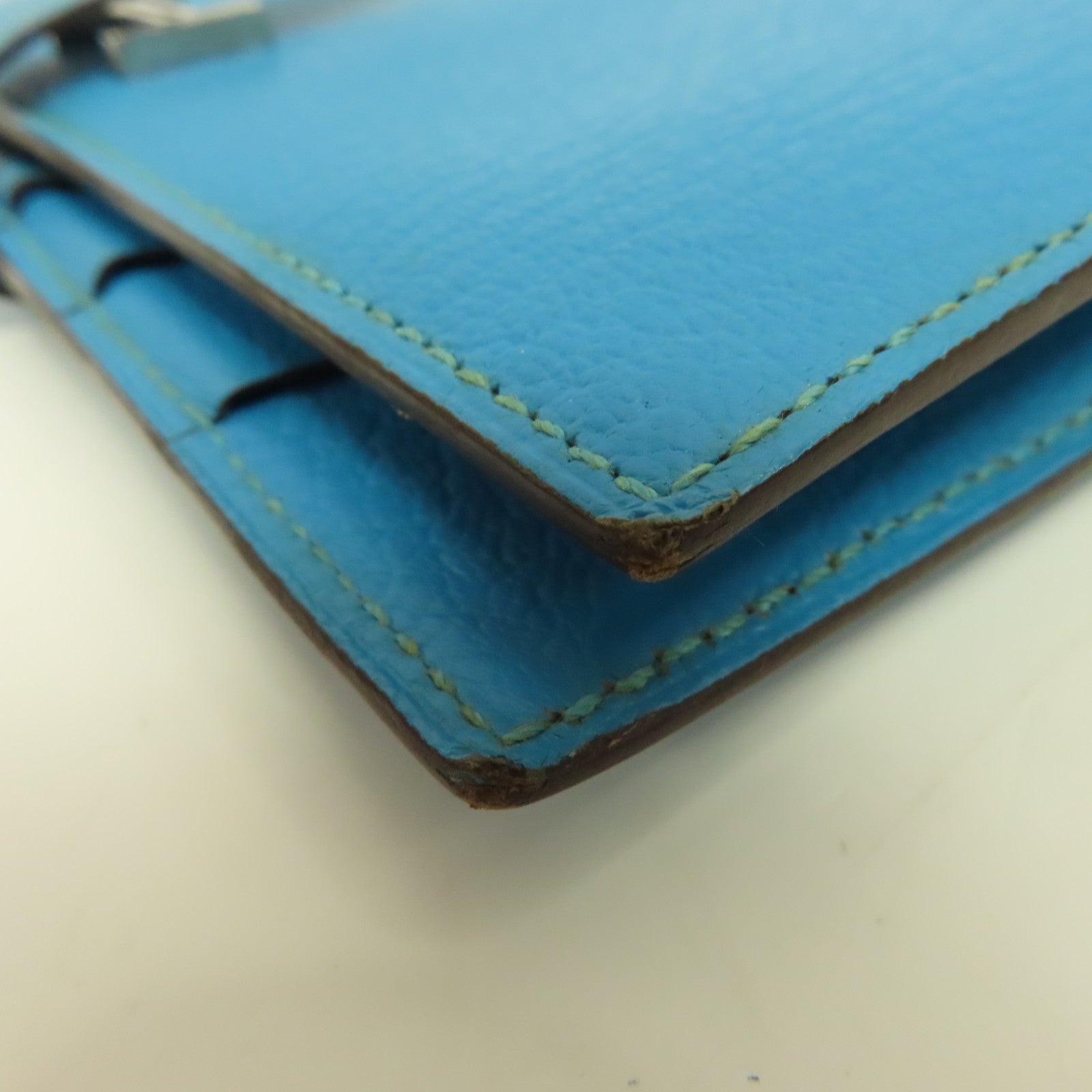 HERMES Chevre皮革Bearn Long Wallet銀扣長錢包Blue Azteque水藍色