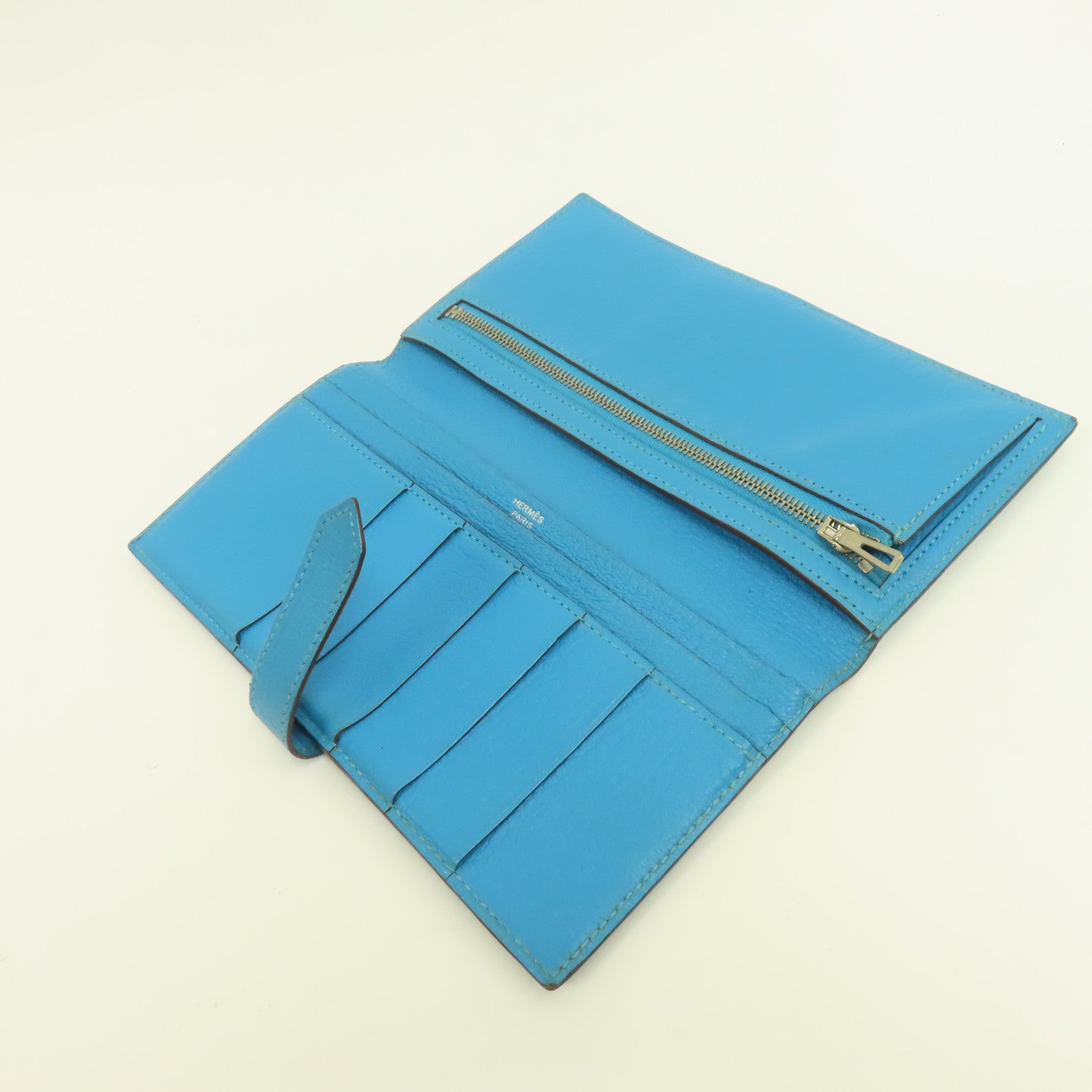 HERMES Chevre皮革Bearn Long Wallet銀扣長錢包Blue Azteque水藍色