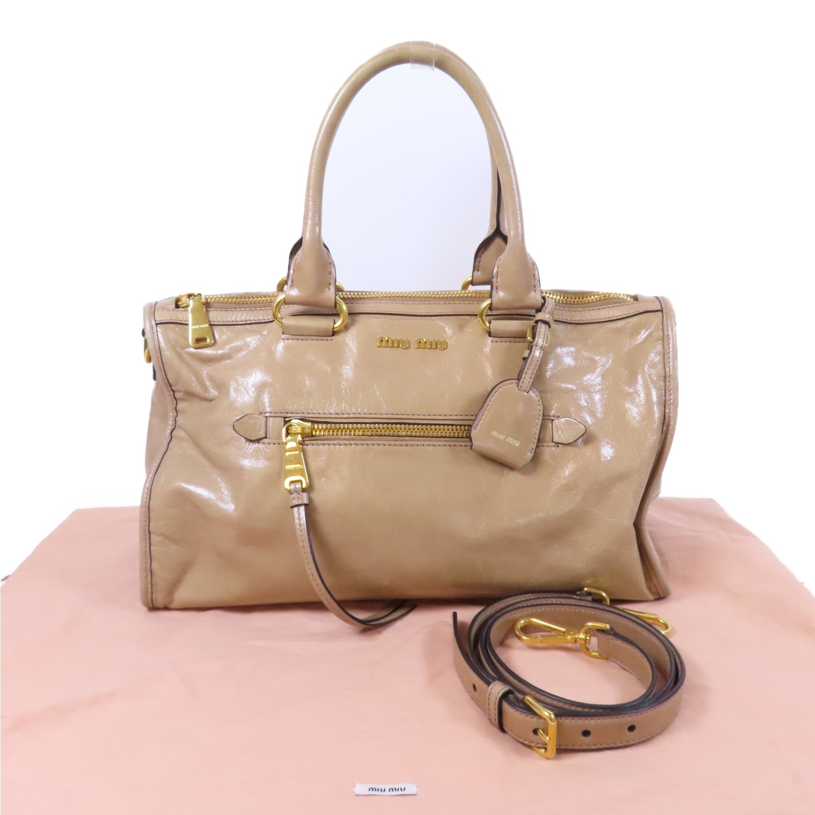 Miu Miu 牛皮皮革Shoulder Bag金扣手挽肩背兩用袋米色