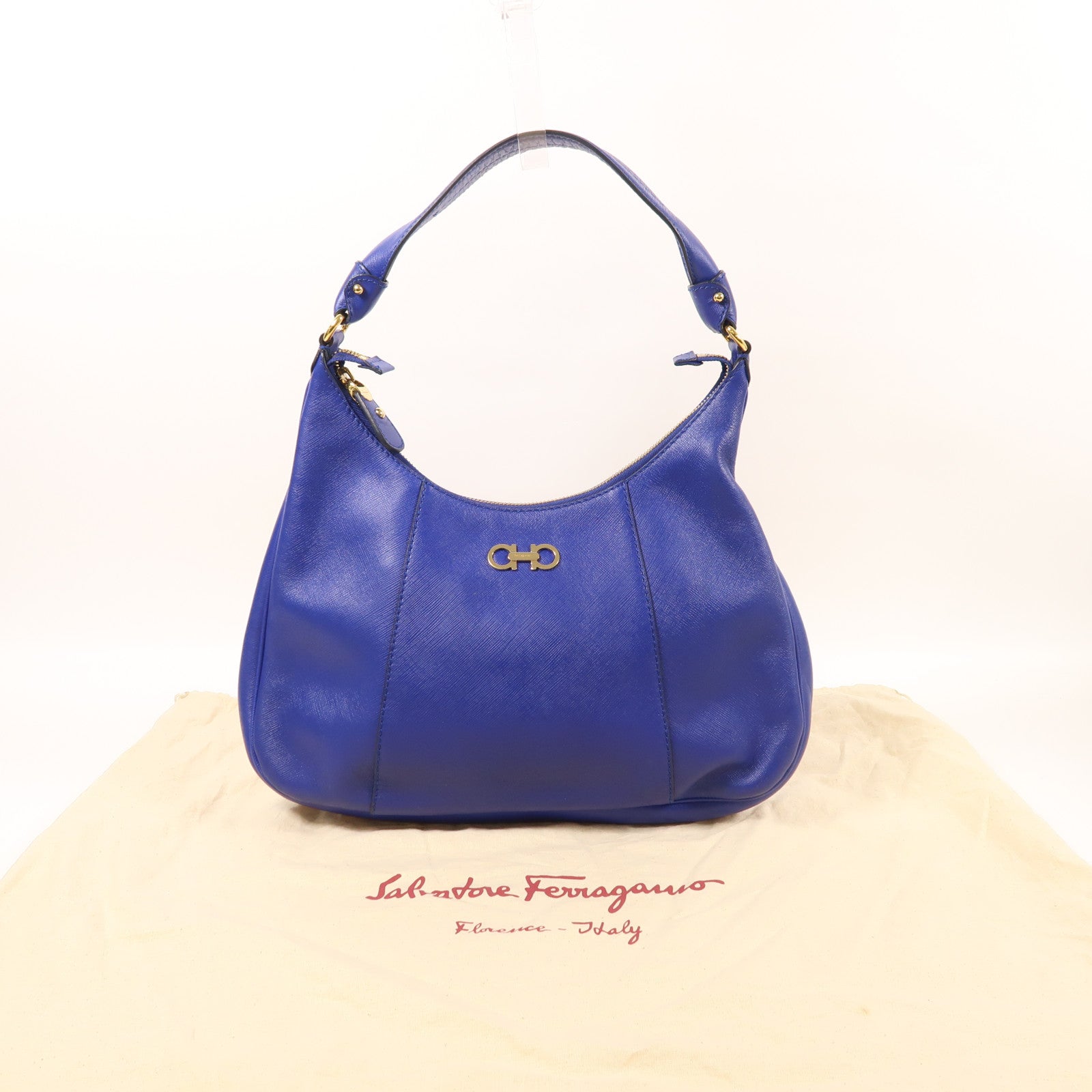 Salvatore Ferragamo GHW Shoulder Bag Calfskin Leather Blue
