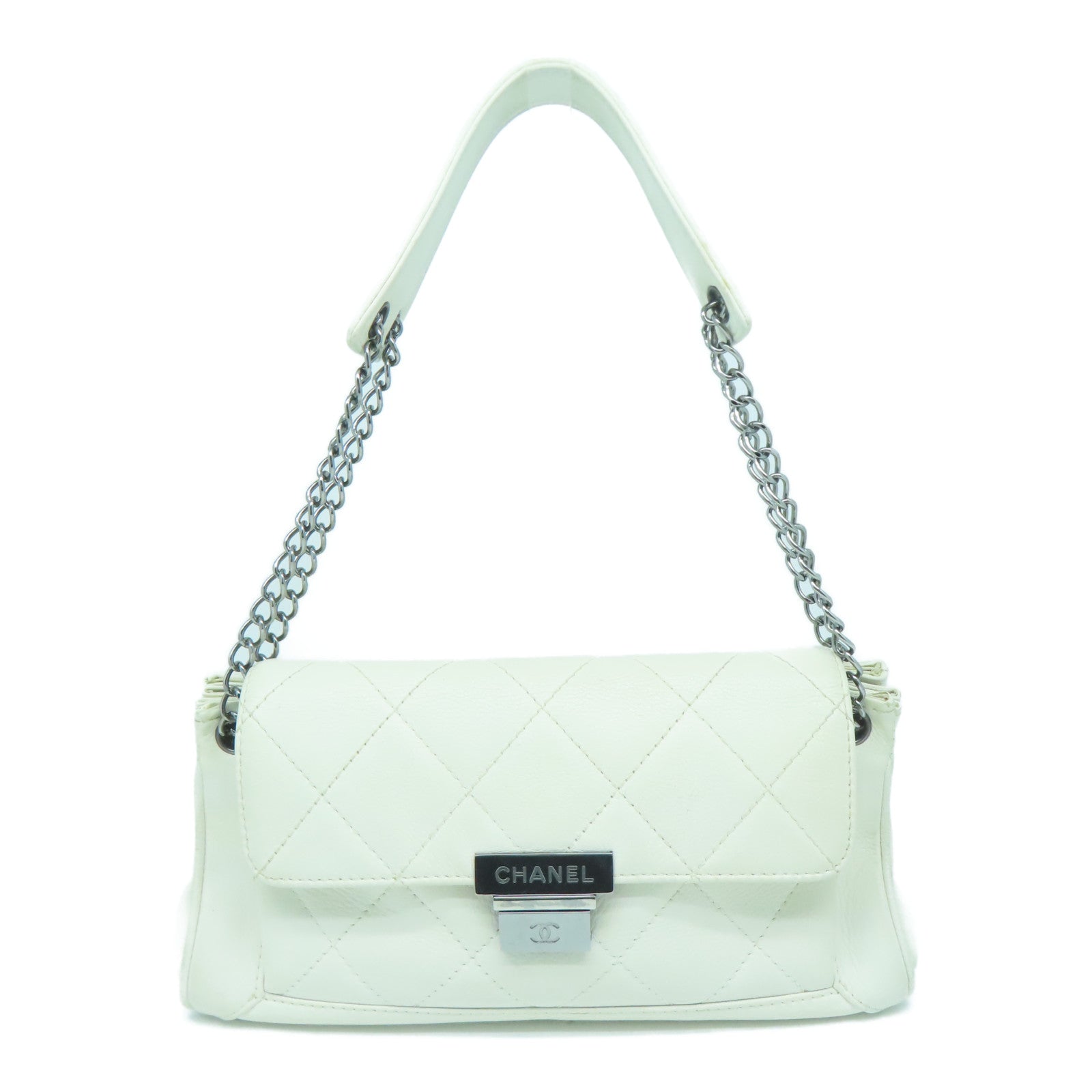 CHANEL 菱格牛皮皮革One Shoulder Bag银扣肩背袋白色