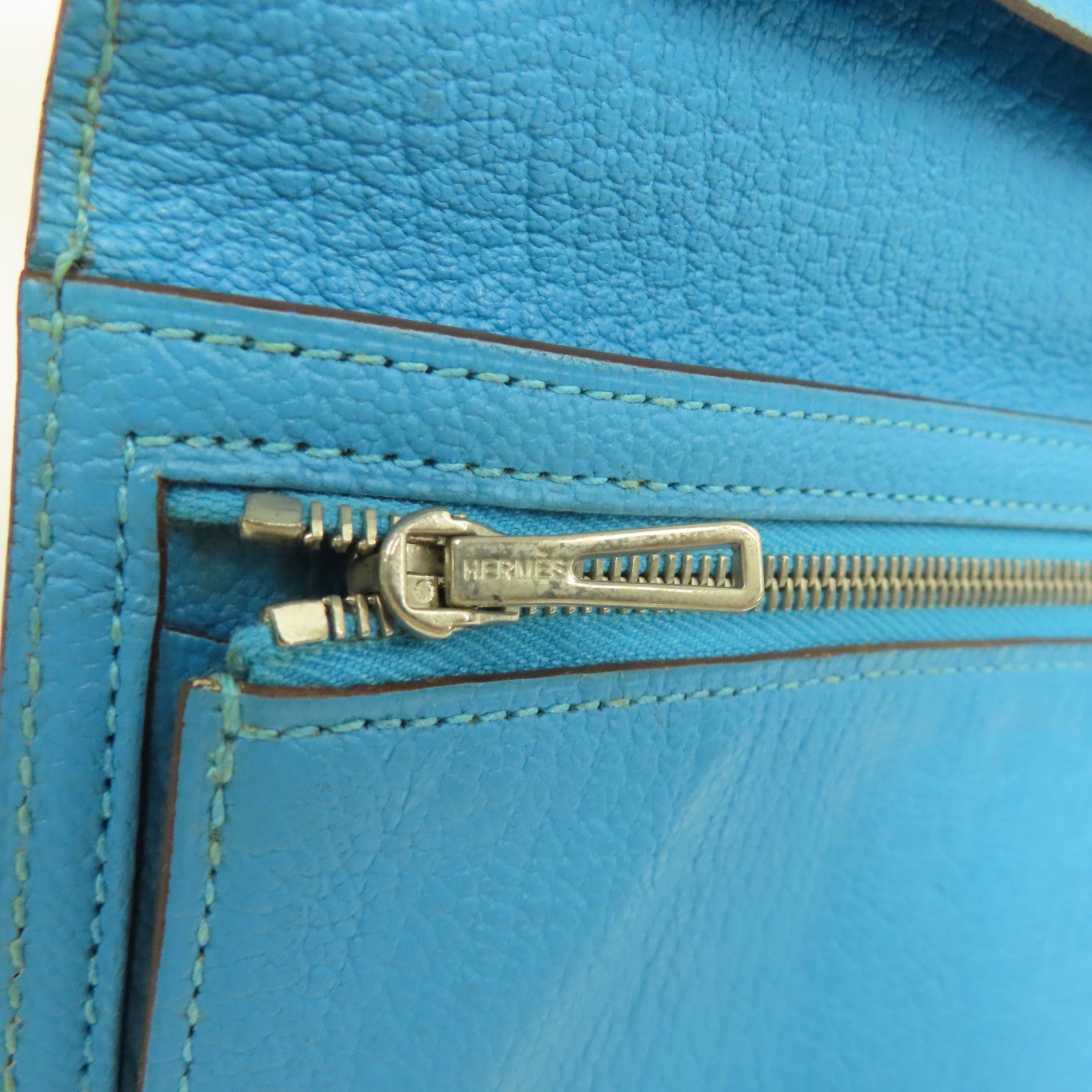 HERMES Chevre皮革Bearn Long Wallet銀扣長錢包Blue Azteque水藍色