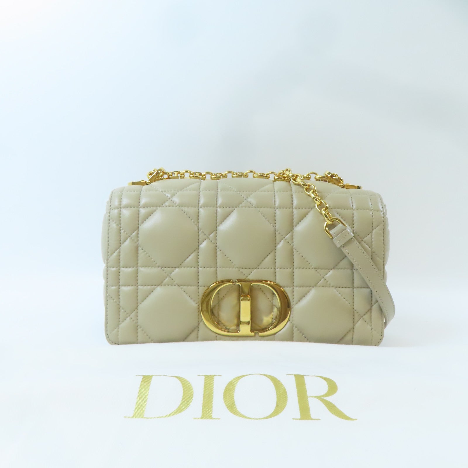 Dior 【激減優惠】羊皮皮革Caro金扣鏈帶肩背袋米色