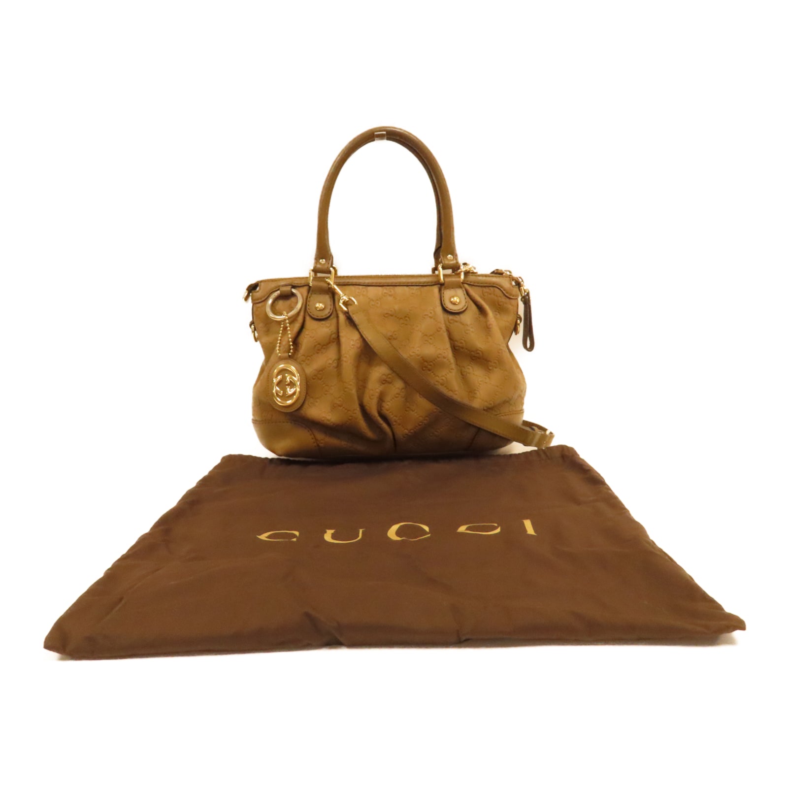 GUCCI 牛皮皮革2 Way Shoulder銀扣手挽肩背兩用袋啡色