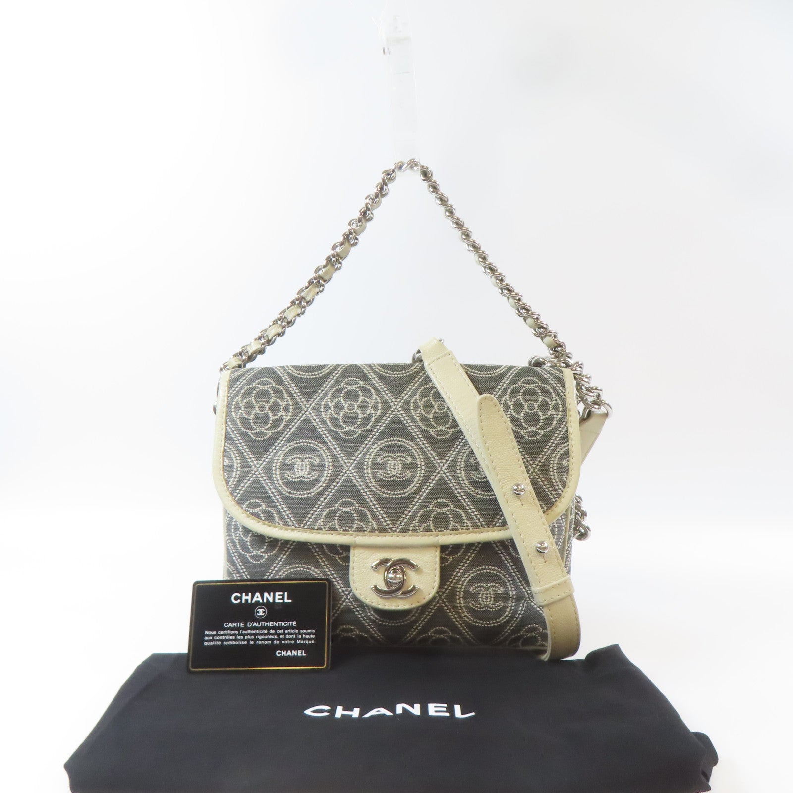 CHANEL 帆布Chain Shoulder Bag銀扣鏈帶手挽肩背兩用袋灰色/白色