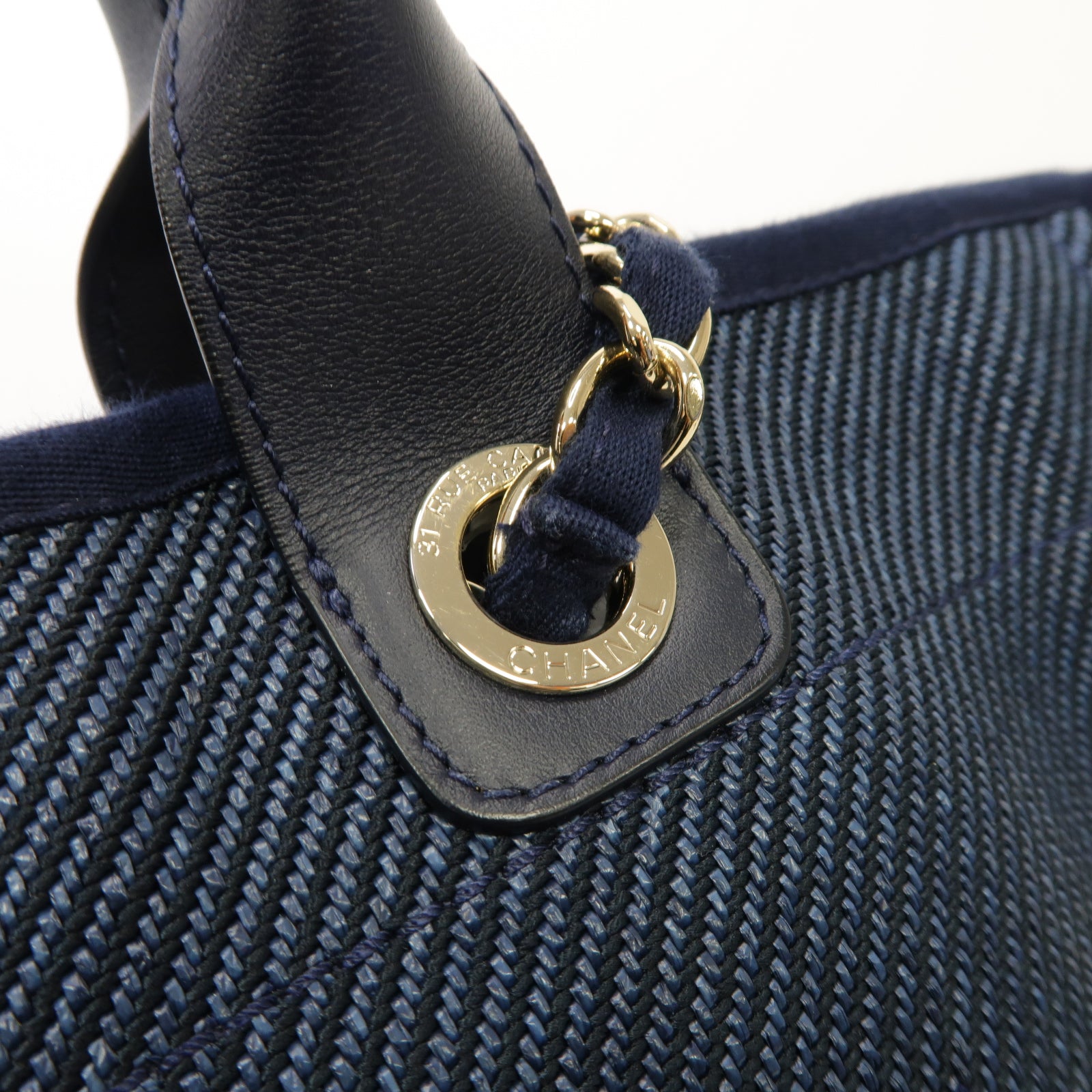 CHANEL 帆布Deauville Tote Large金扣手挽袋藍色