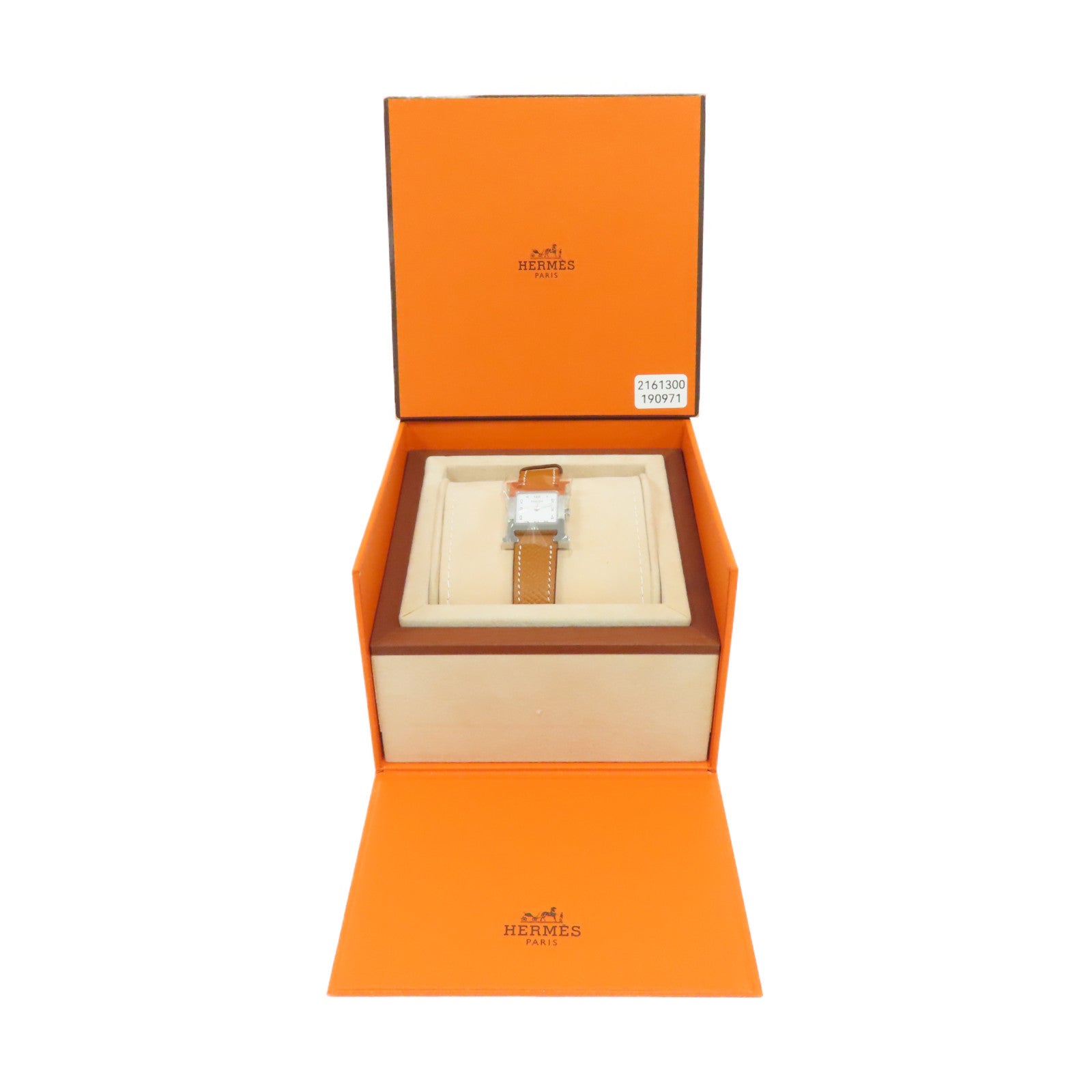 HERMES Heure H Watch不鏽鋼/Epsom皮革石英手錶白色/經典駝色