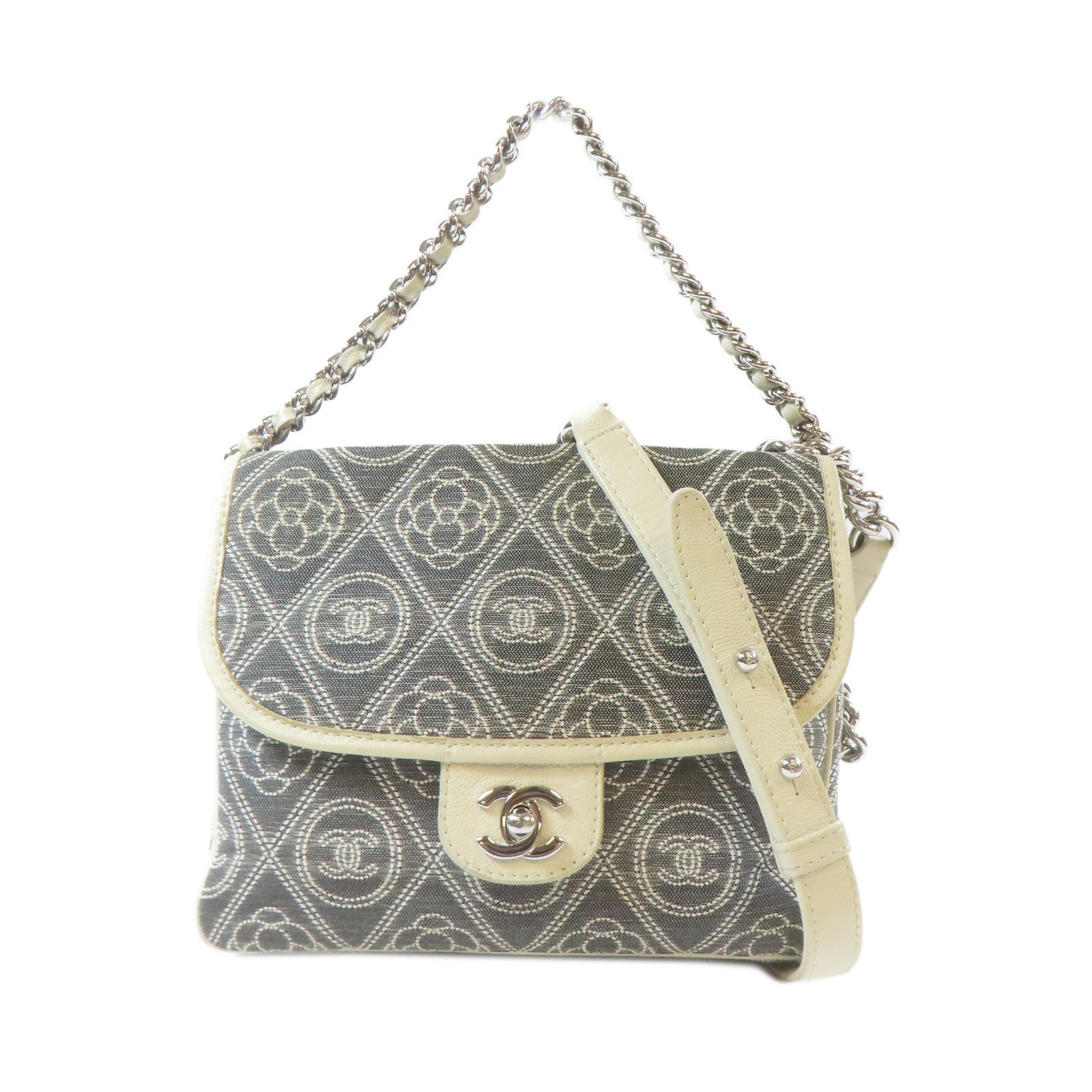 CHANEL 帆布Chain Shoulder Bag銀扣鏈帶手挽肩背兩用袋灰色/白色
