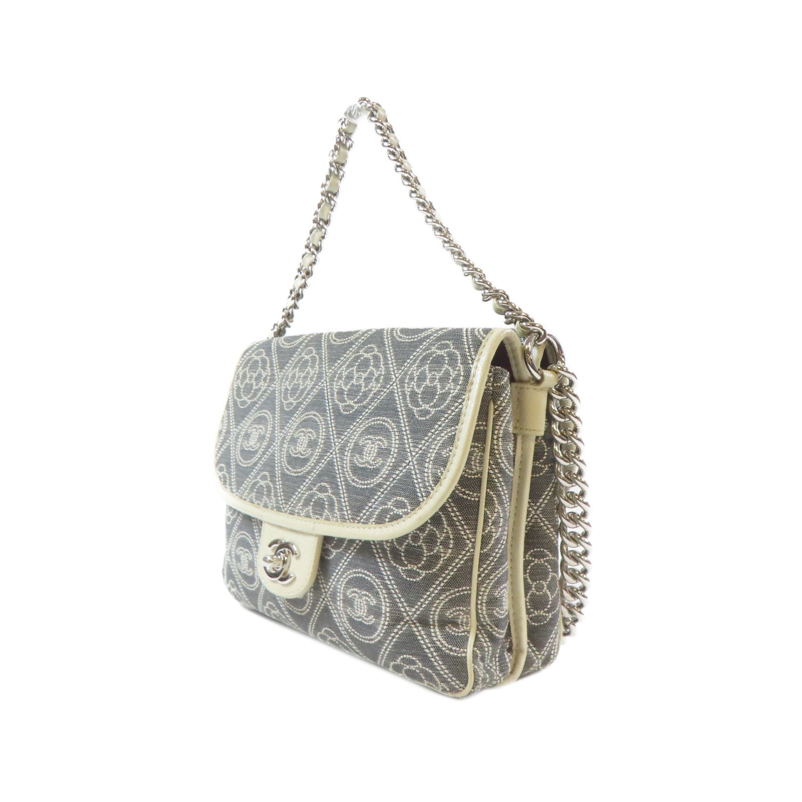 CHANEL 帆布Chain Shoulder Bag銀扣鏈帶手挽肩背兩用袋灰色/白色