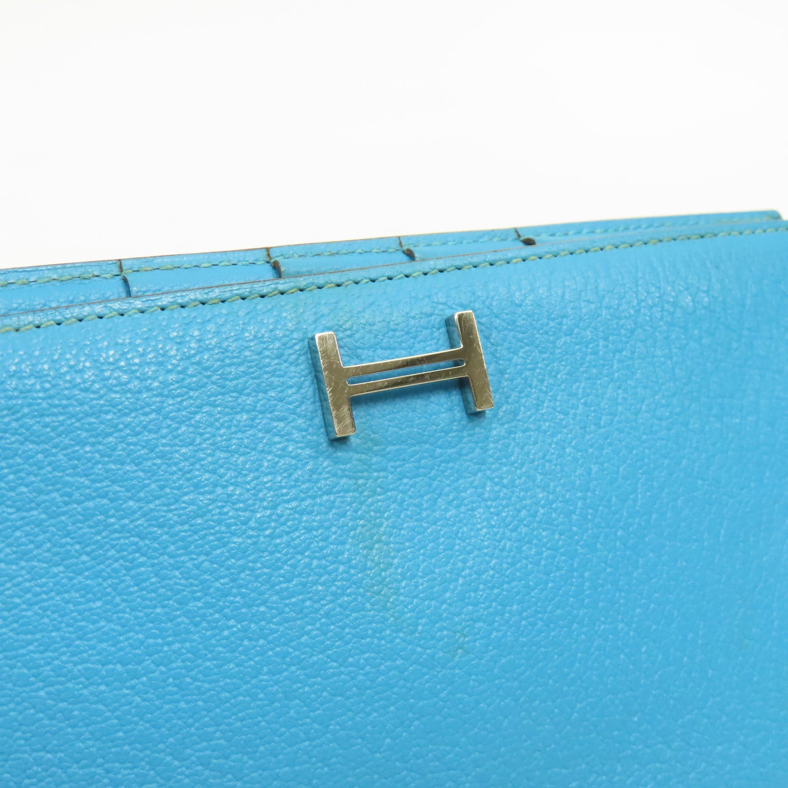 HERMES Chevre皮革Bearn Long Wallet銀扣長錢包Blue Azteque水藍色