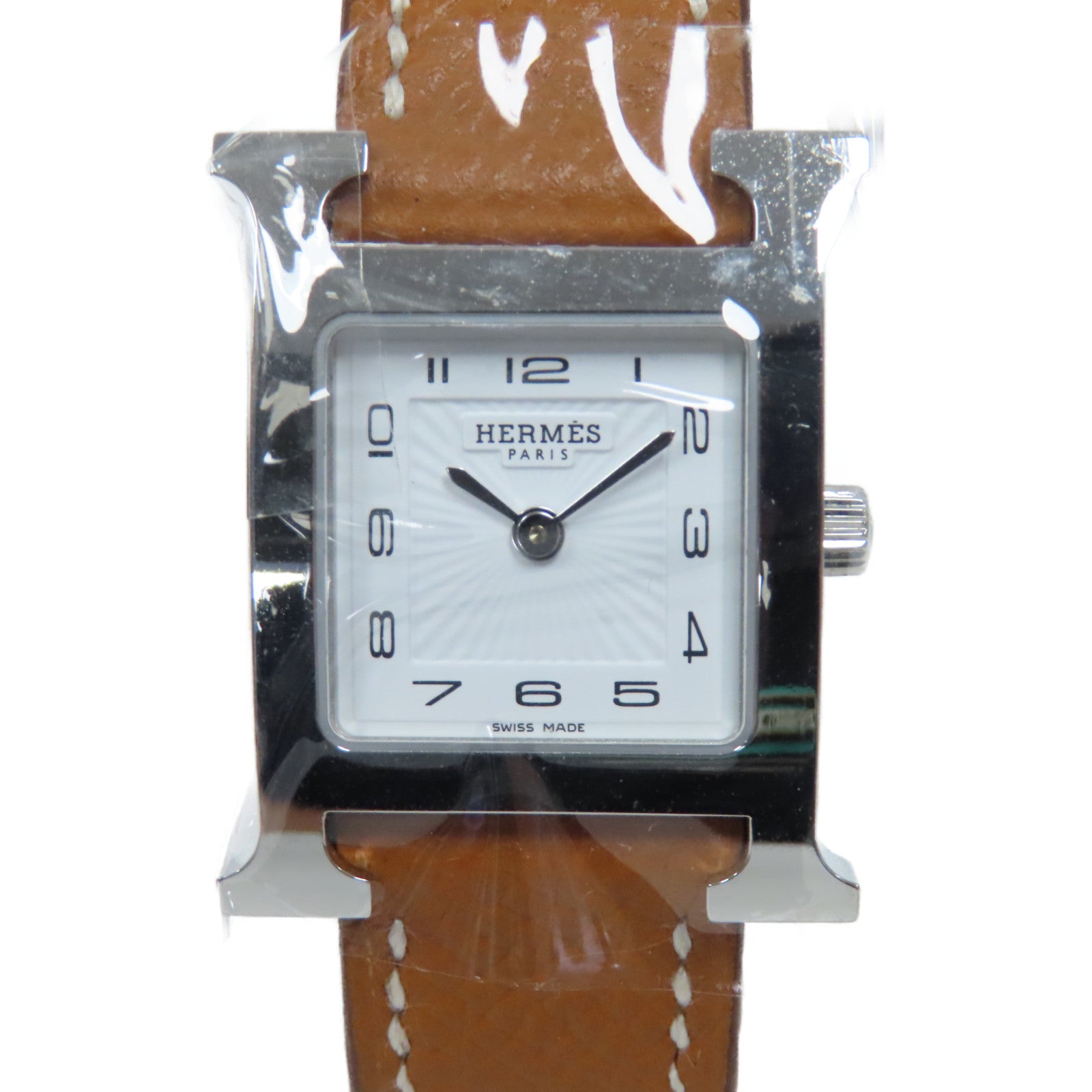HERMES Heure H Watch不鏽鋼/Epsom皮革石英手錶白色/經典駝色