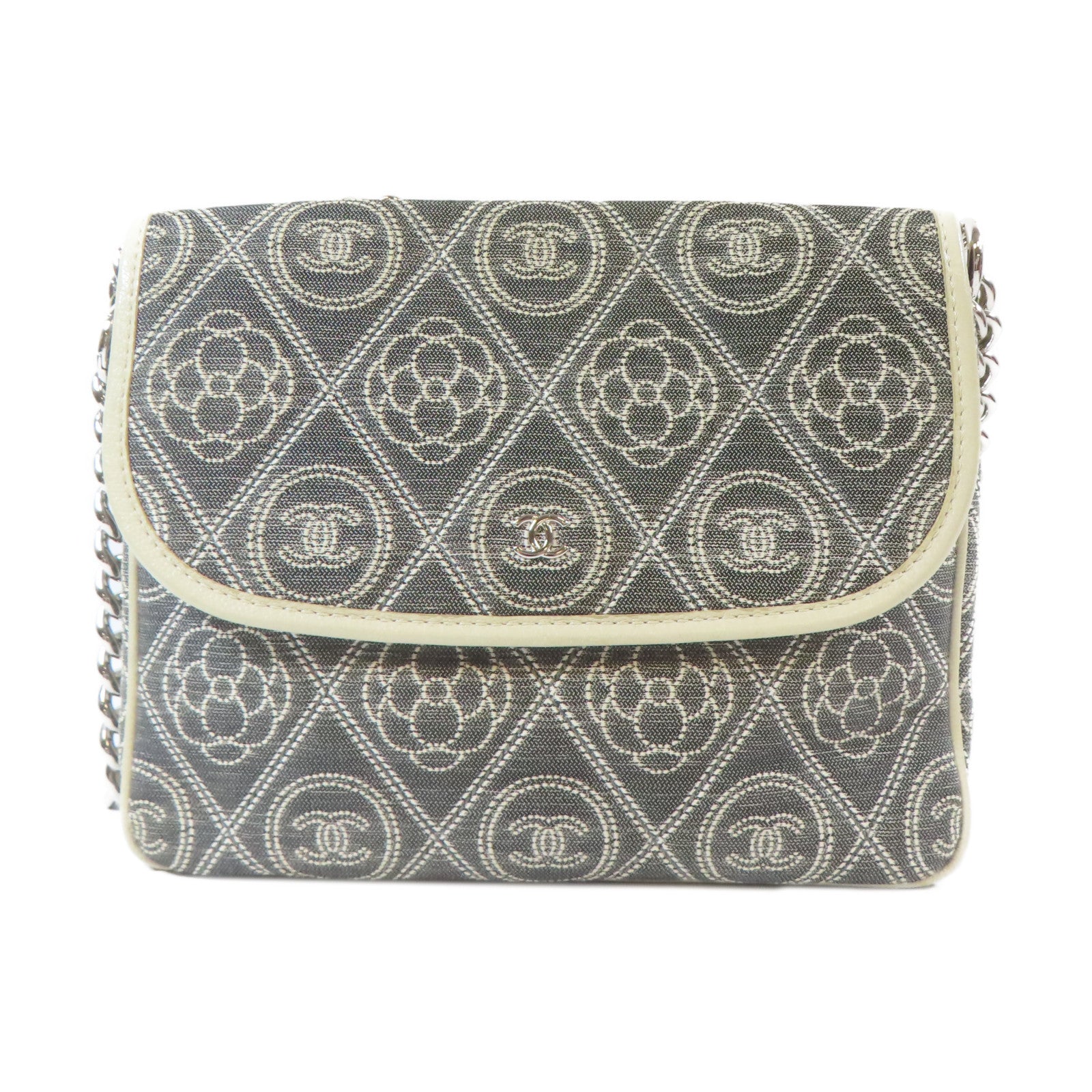 CHANEL 帆布Chain Shoulder Bag銀扣鏈帶手挽肩背兩用袋灰色/白色