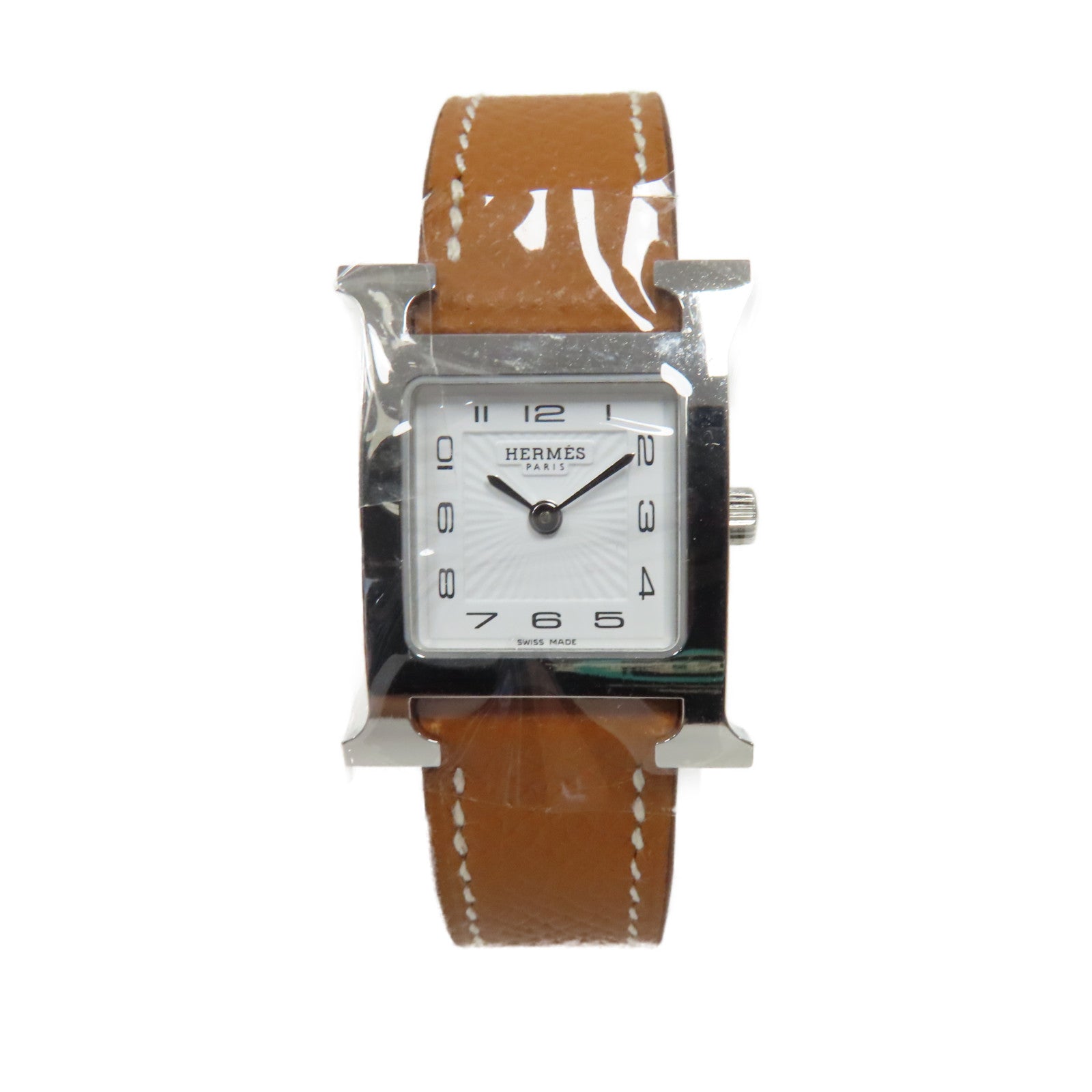 HERMES Heure H Watch不鏽鋼/Epsom皮革石英手錶白色/經典駝色