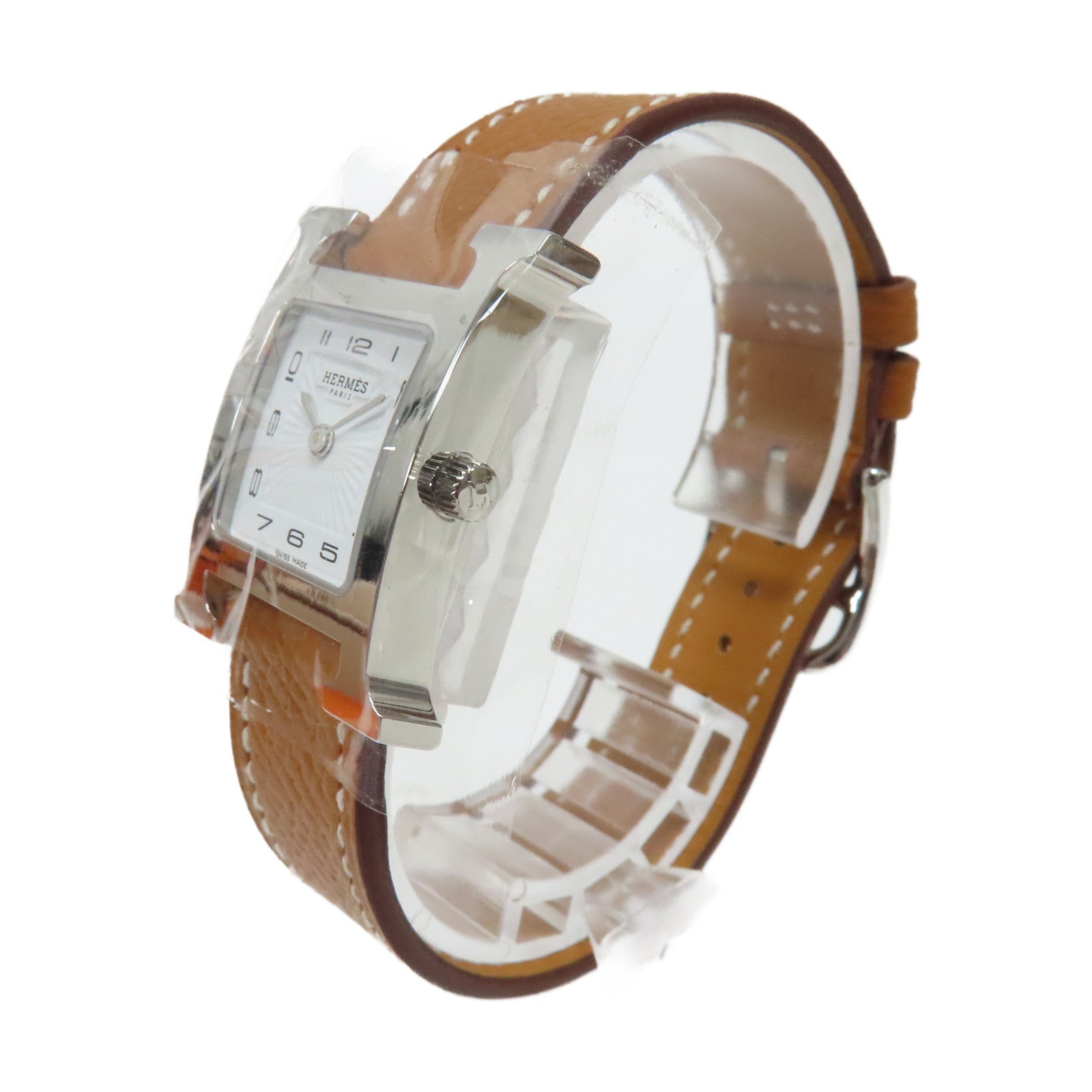 HERMES Heure H Watch不鏽鋼/Epsom皮革石英手錶白色/經典駝色