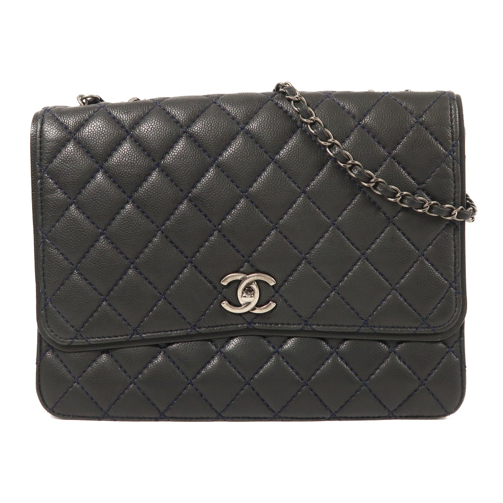 CHANEL 牛皮皮革Chain Shoulder銀扣鏈帶肩背袋