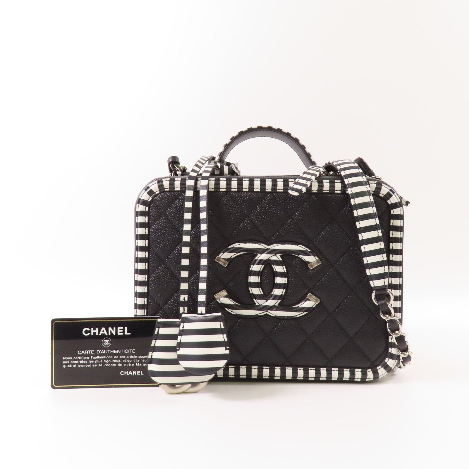 CHANEL 【激減優惠】牛皮皮革Filigree Vanity Case Medium銀扣手挽肩背兩用袋