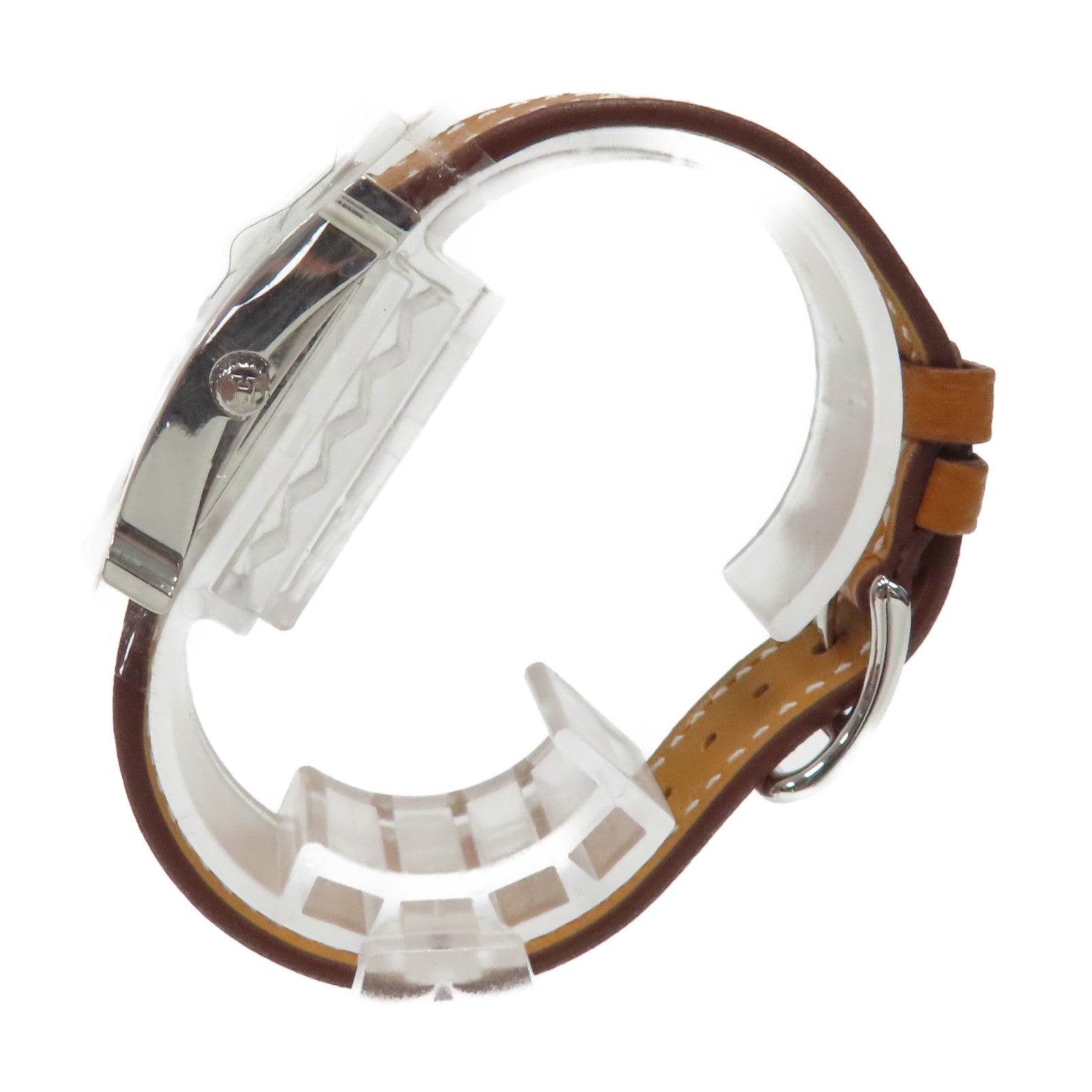 HERMES Heure H Watch不鏽鋼/Epsom皮革石英手錶白色/經典駝色