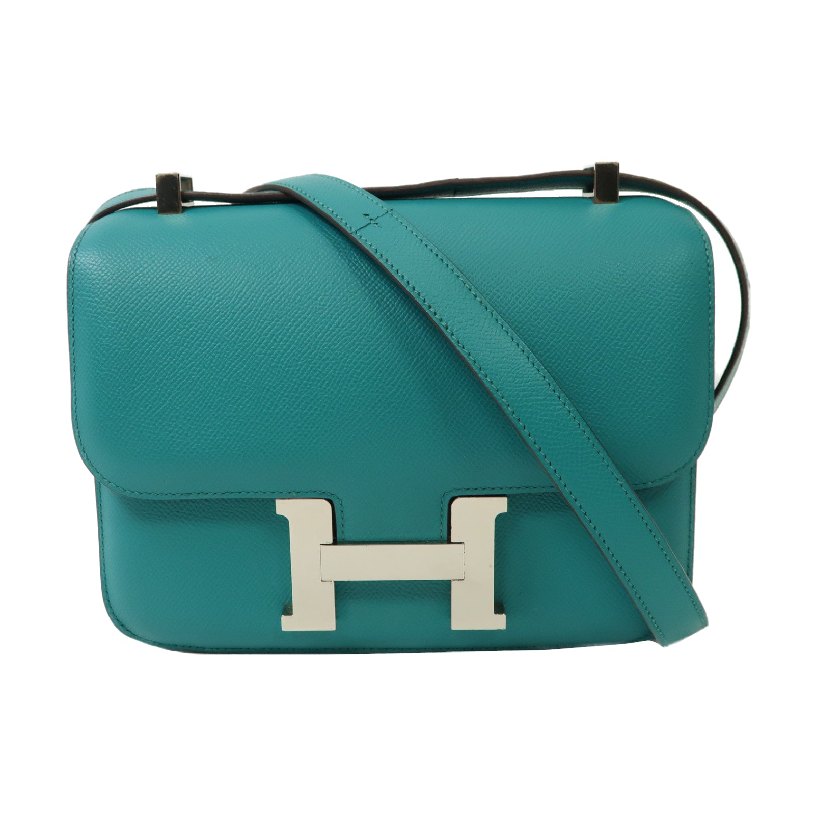 HERMES 【激減優惠】Epsom皮革Constance 24銀扣肩背袋7F/Bleu Paon孔雀藍色