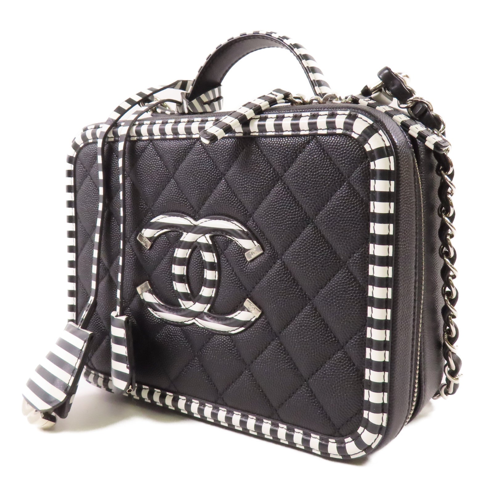 CHANEL 【激減優惠】牛皮皮革Filigree Vanity Case Medium銀扣手挽肩背兩用袋