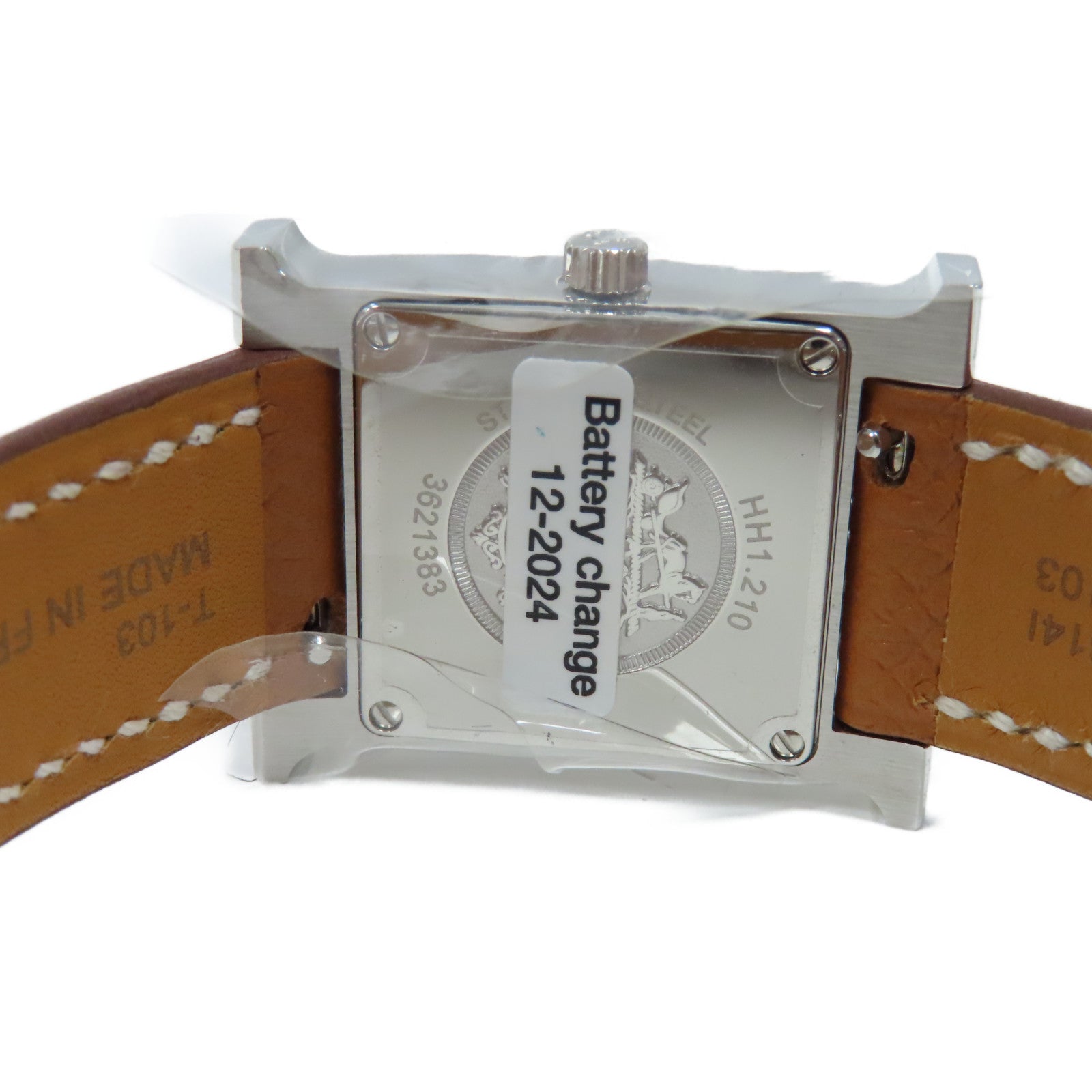 HERMES Heure H Watch不鏽鋼/Epsom皮革石英手錶白色/經典駝色